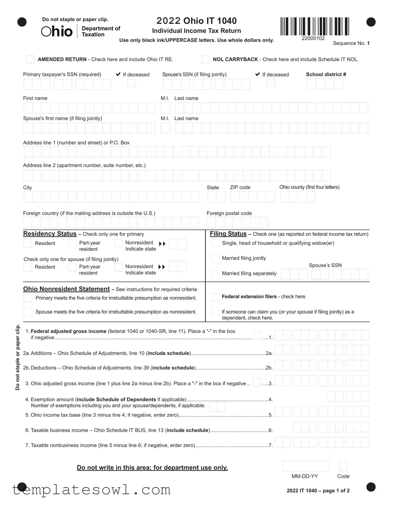 Fill Out Your Ohio It 1040Ez Form