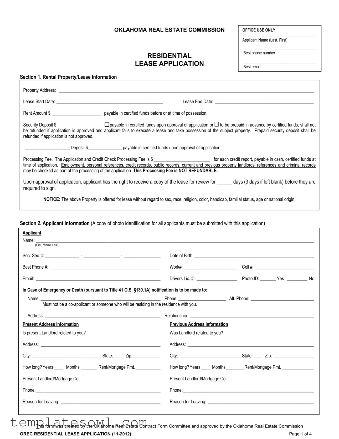 Fill Out Your Oklahoma Lease Application Form