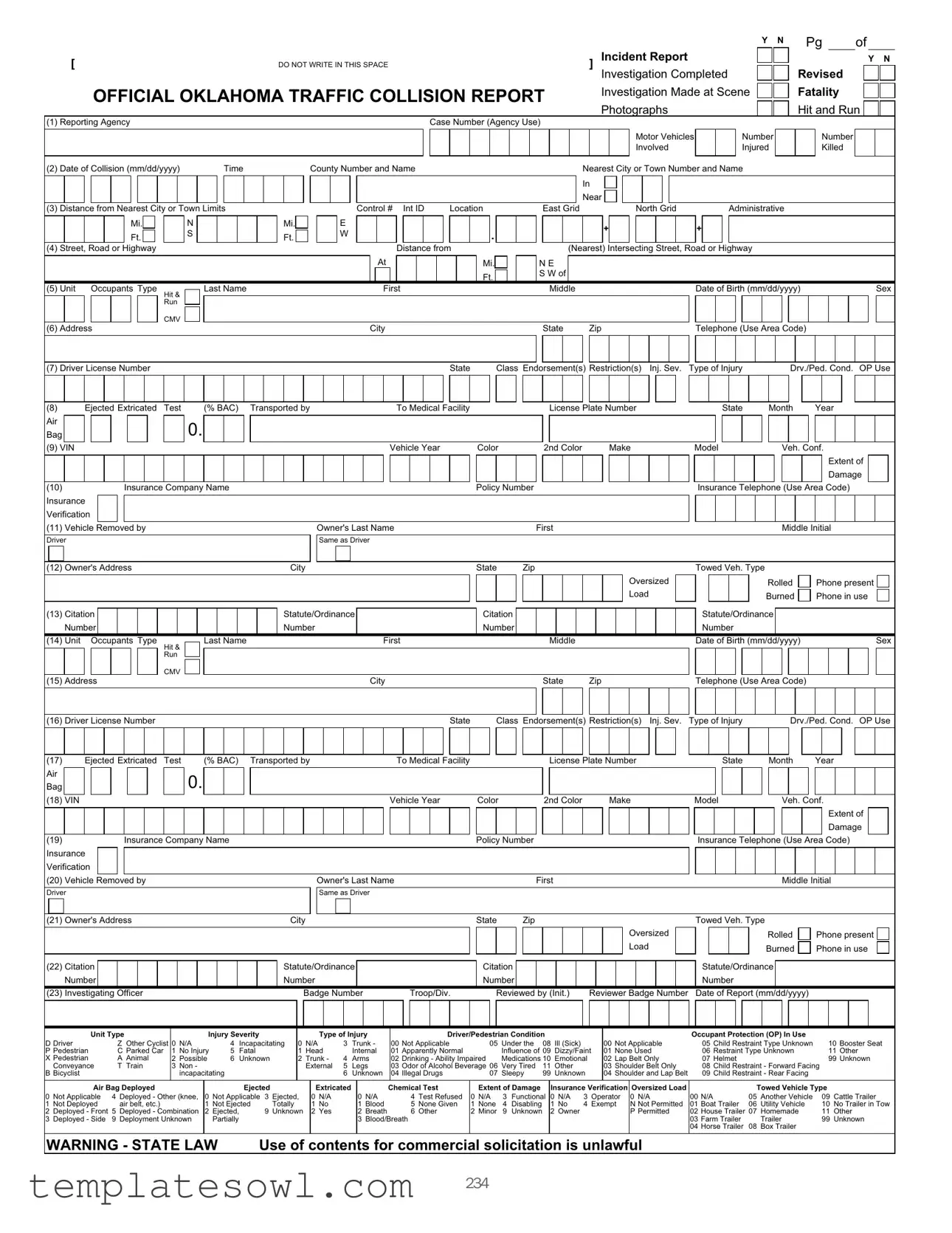 Fill Out Your Oklahoma Traffic Collision Report Form