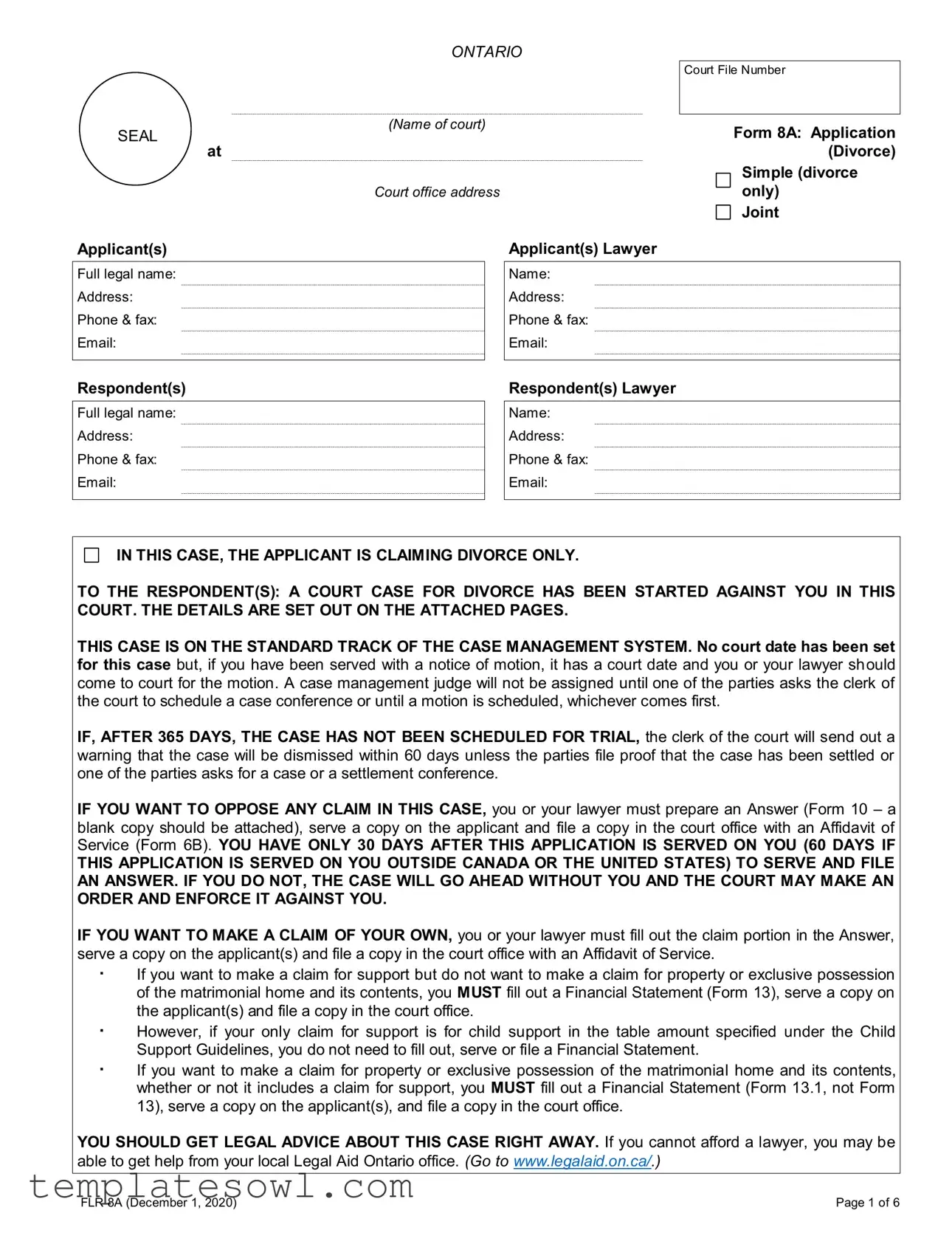 Fill Out Your Ontario Divorce 8A Form
