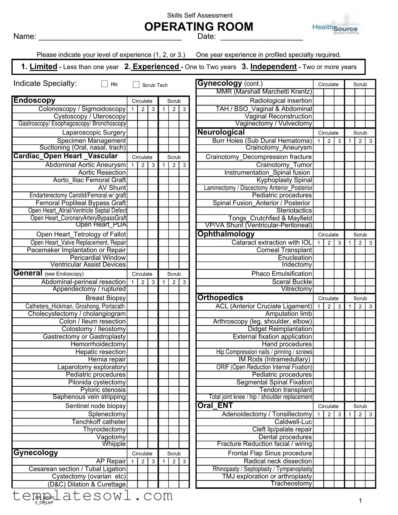 Fill Out Your Operating Room Competency Checklist Form