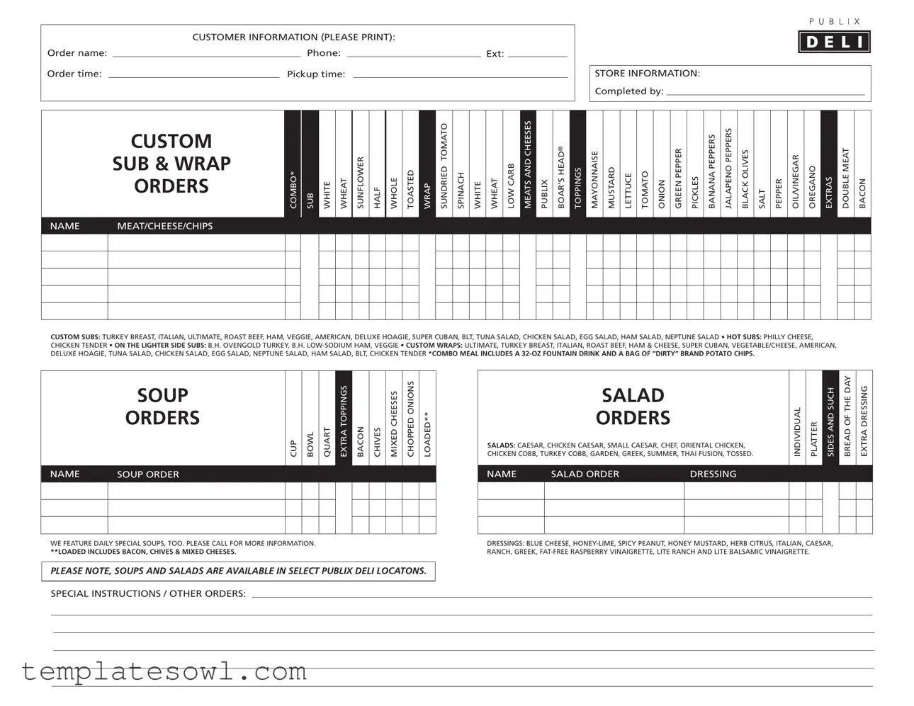Fill Out Your Order Publix Deli Form