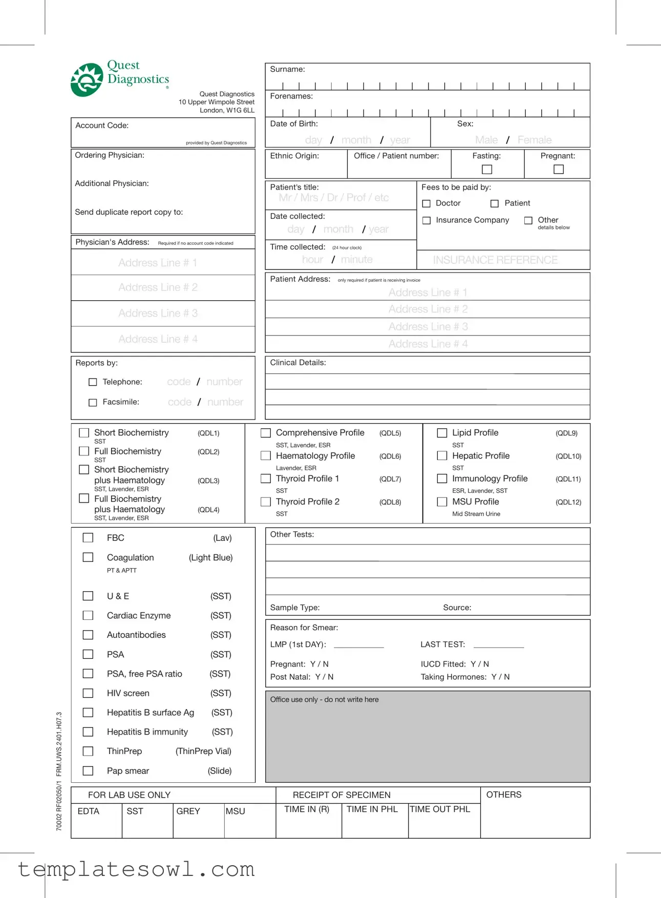 Fill Out Your Order Quest Diagnostics Form