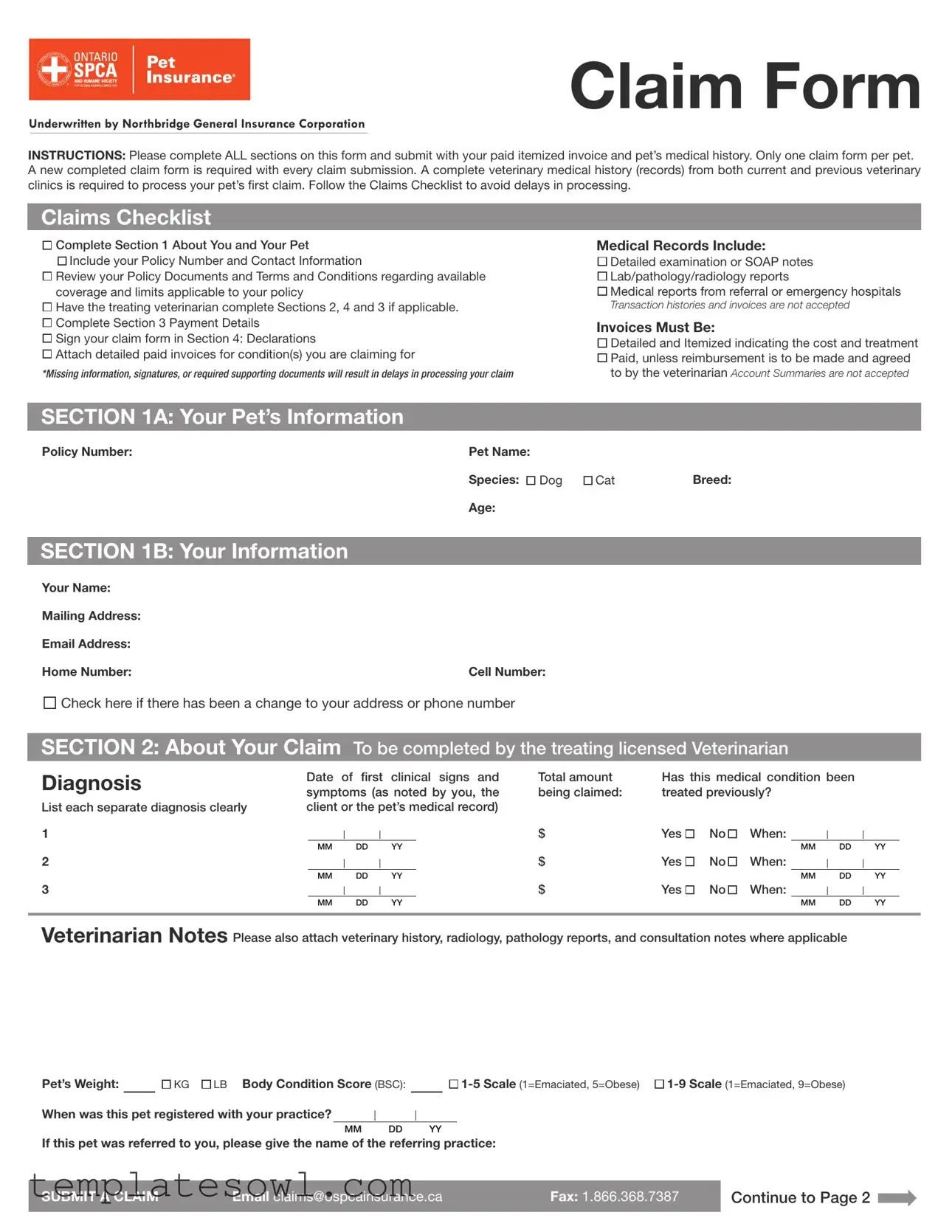 Fill Out Your Ospca Ontario Claim Form