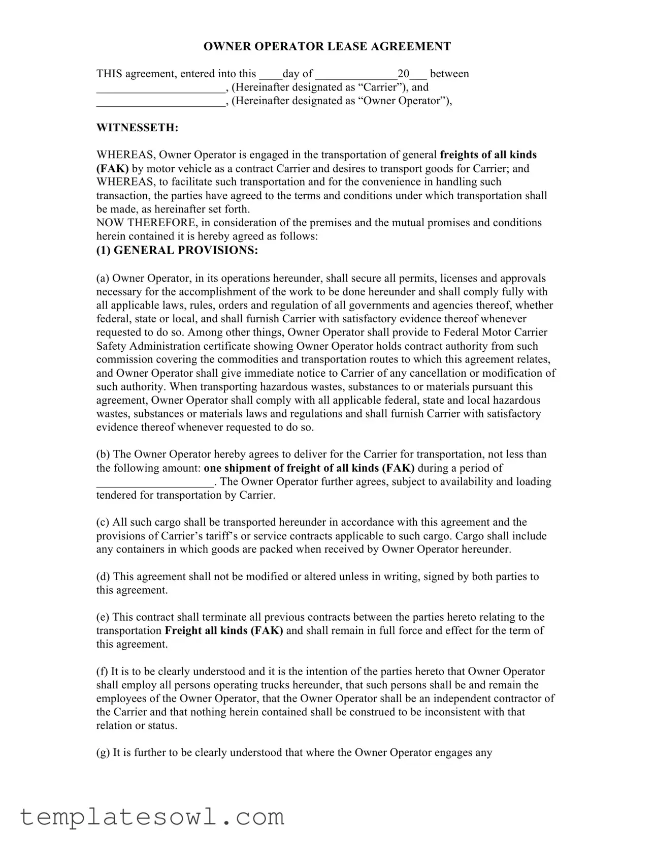 Fill Out Your Owner Operator Lease Agreement Form
