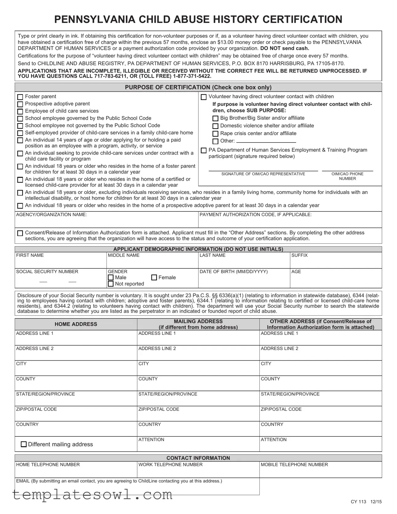 Fill Out Your Pa Child Abuse History Clearance Form