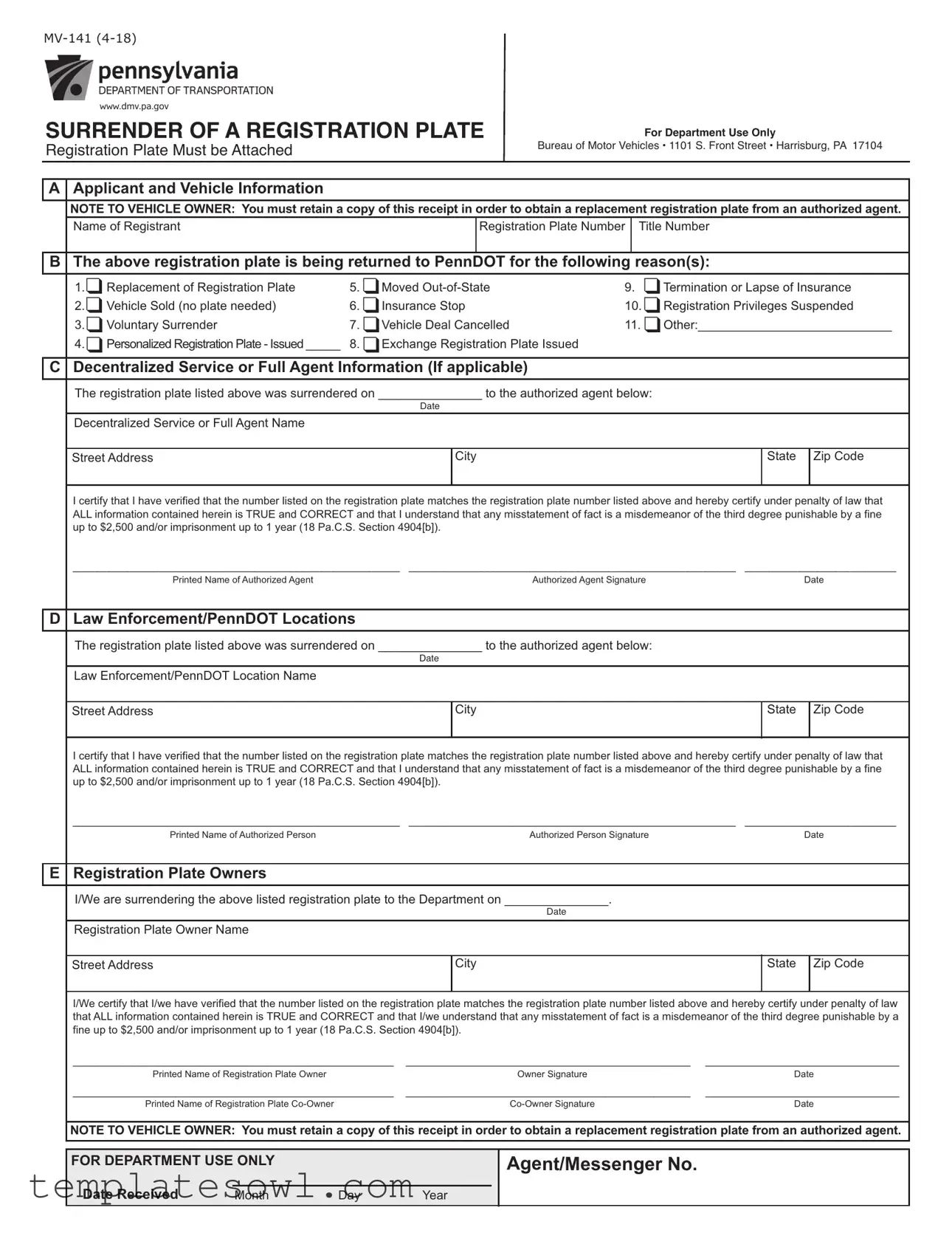 Fill Out Your Pa Mv141 Form