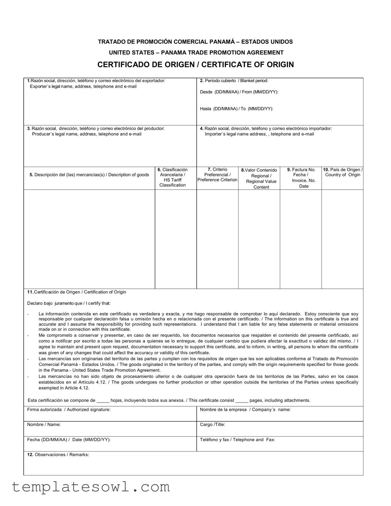 Fill Out Your Panama Certificate Origin Form