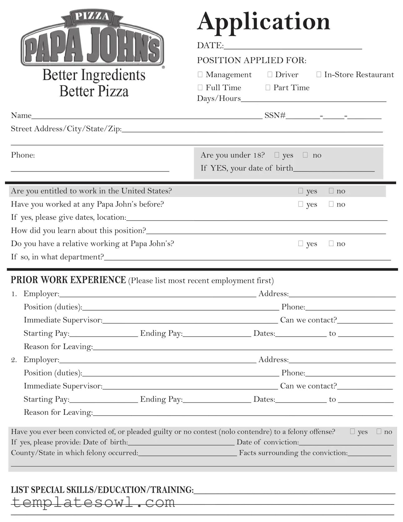 Fill Out Your Papa Johns Pizza Job Application Form