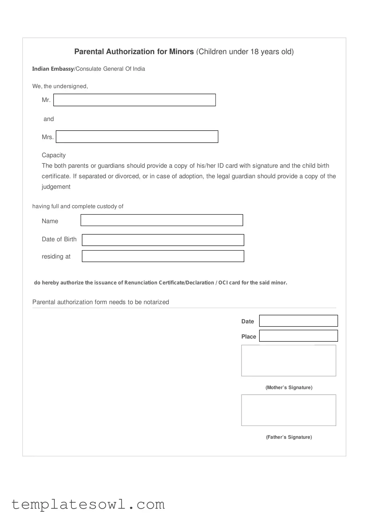 Fill Out Your Parental Authorization For Minors Sample Form