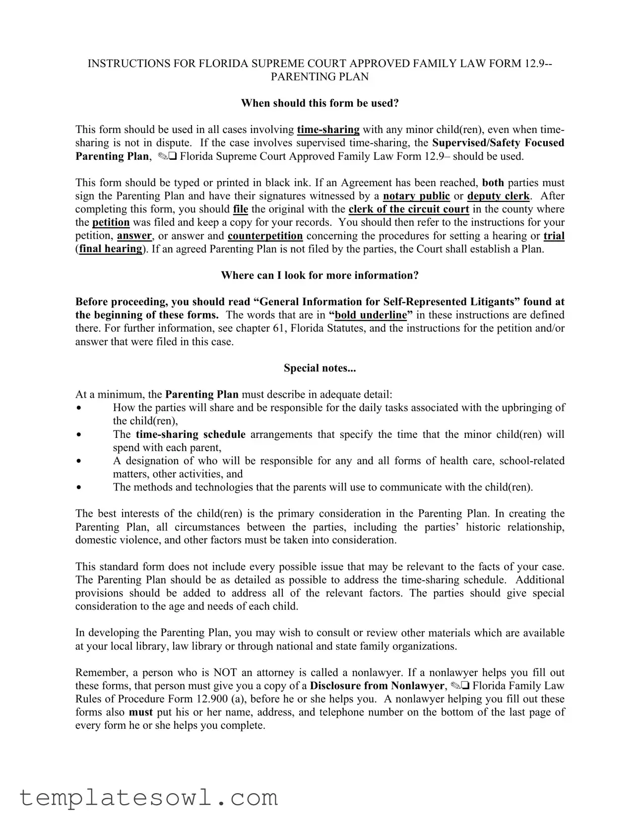 Fill Out Your Parenting Plan Examples Florida Form