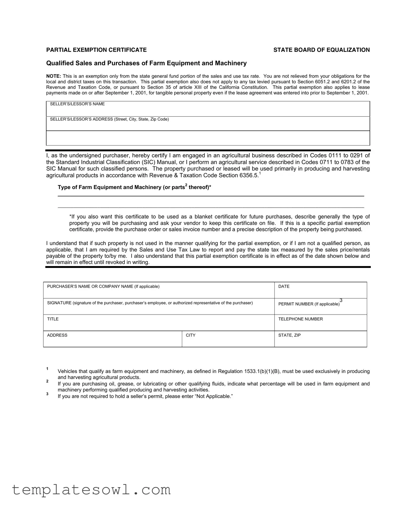 Fill Out Your Partial Exemption Certificate Farm Form