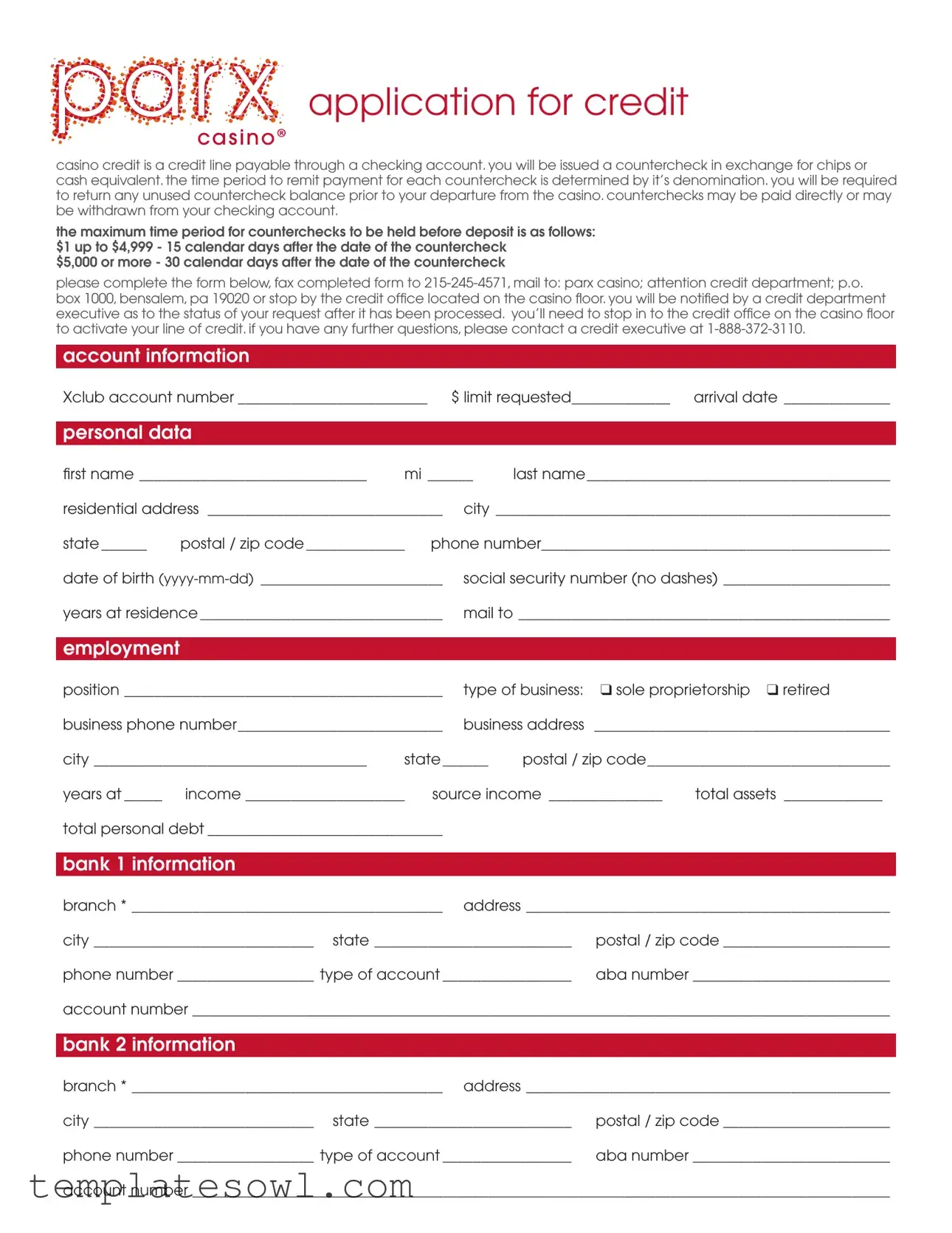Fill Out Your Parx Casino Credit Form
