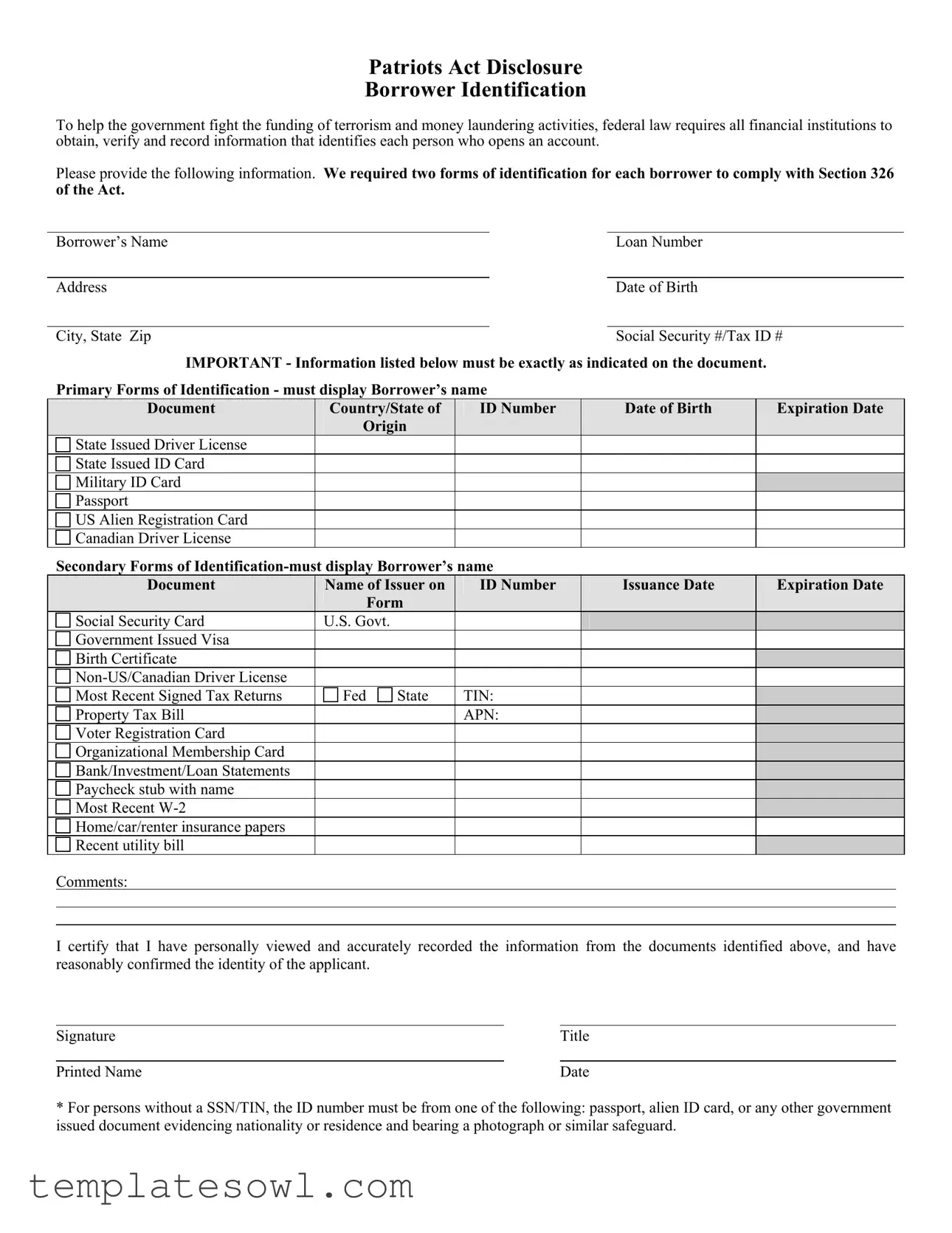 Fill Out Your Patriots Act Form