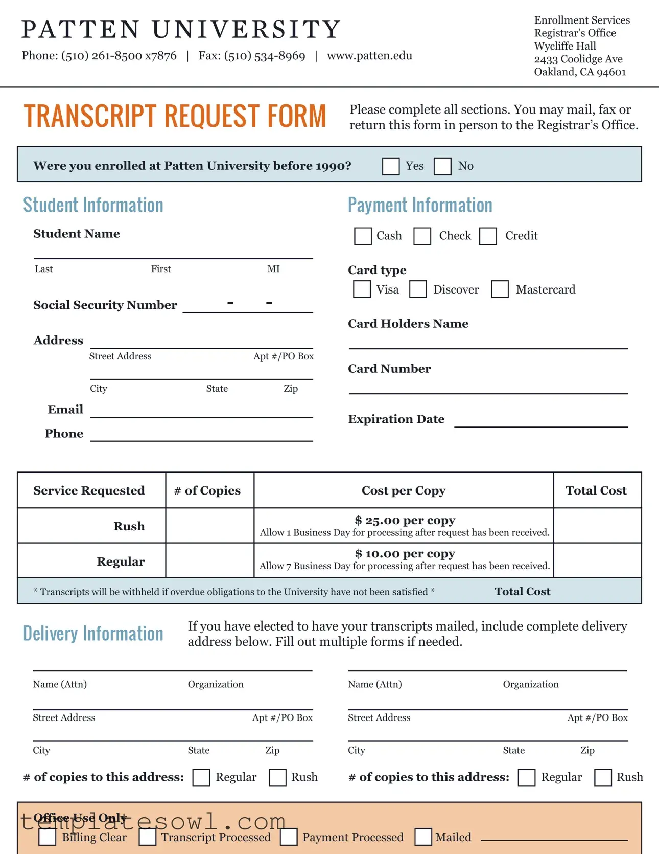 Fill Out Your Patten University Transcript Request Form