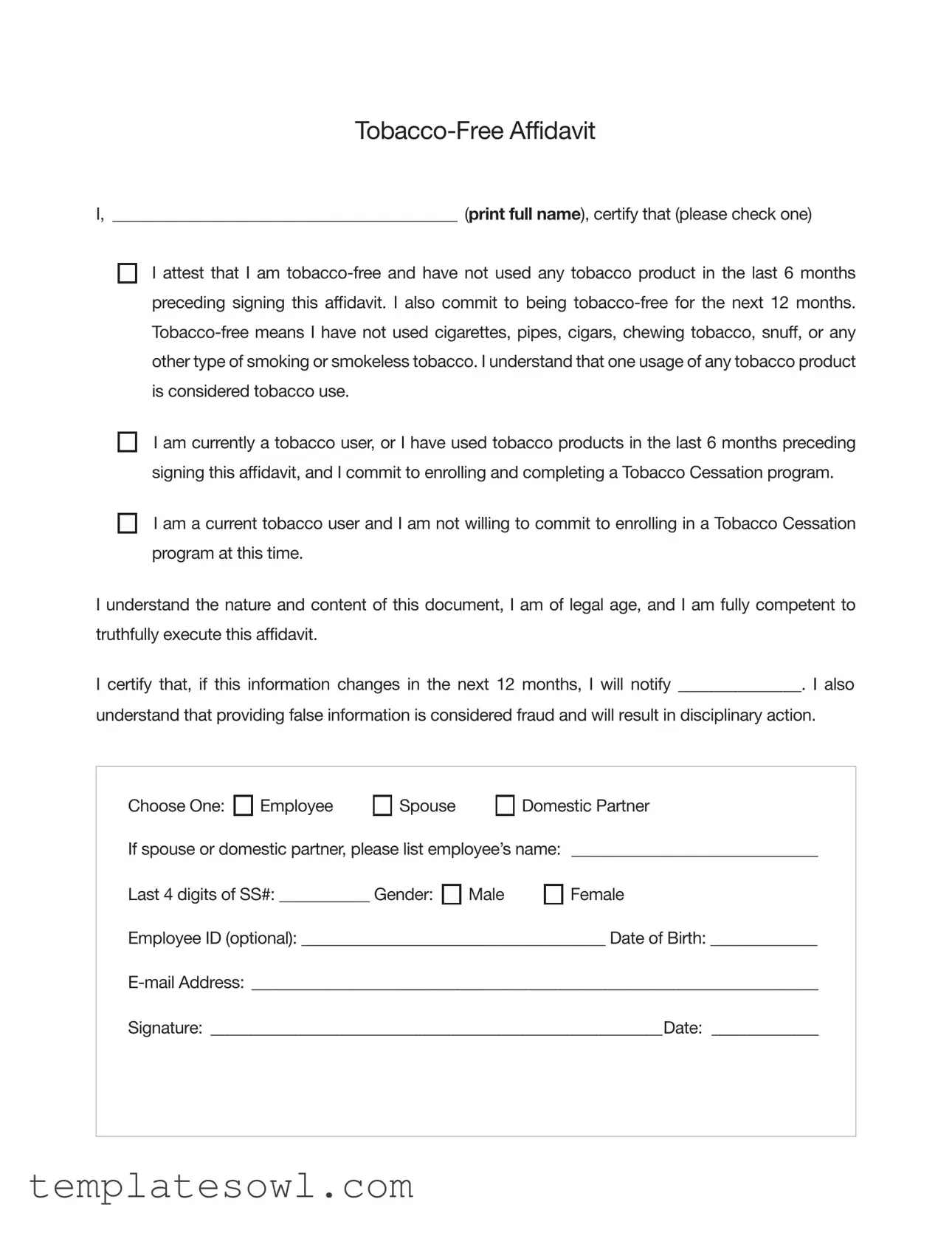Fill Out Your Peia Tobacco Affidavit Form