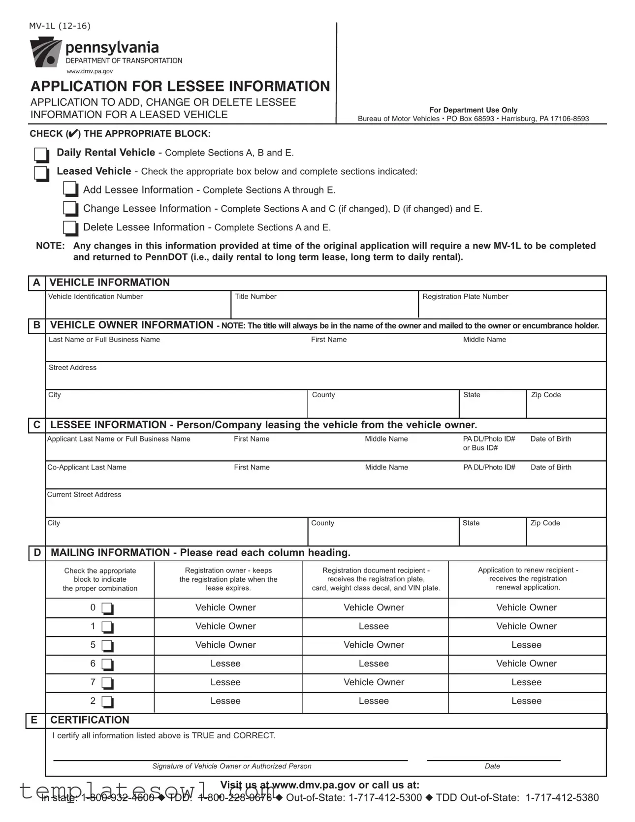 Fill Out Your Pennsylvania Mv 1L Form