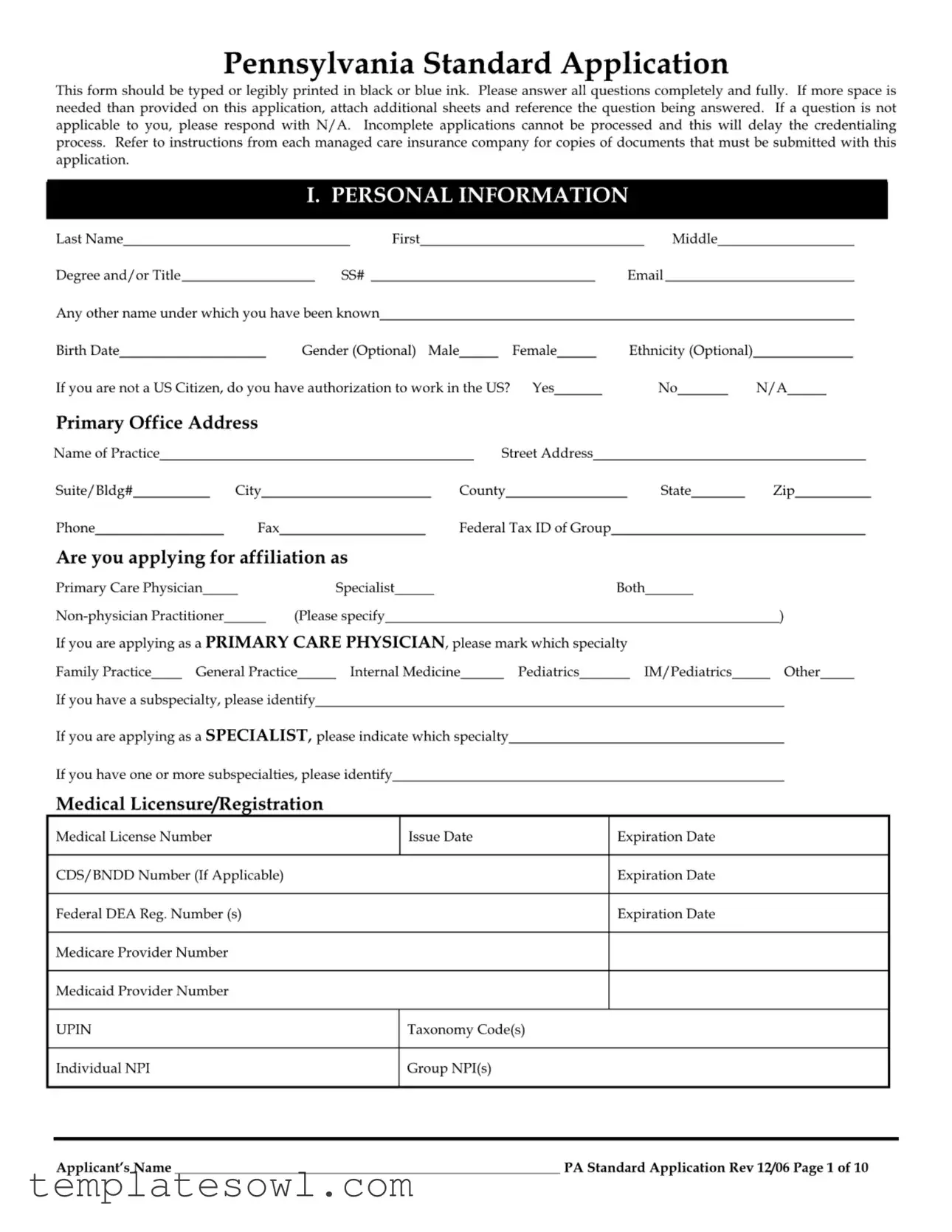 Fill Out Your Pennsylvania Standard Application Form