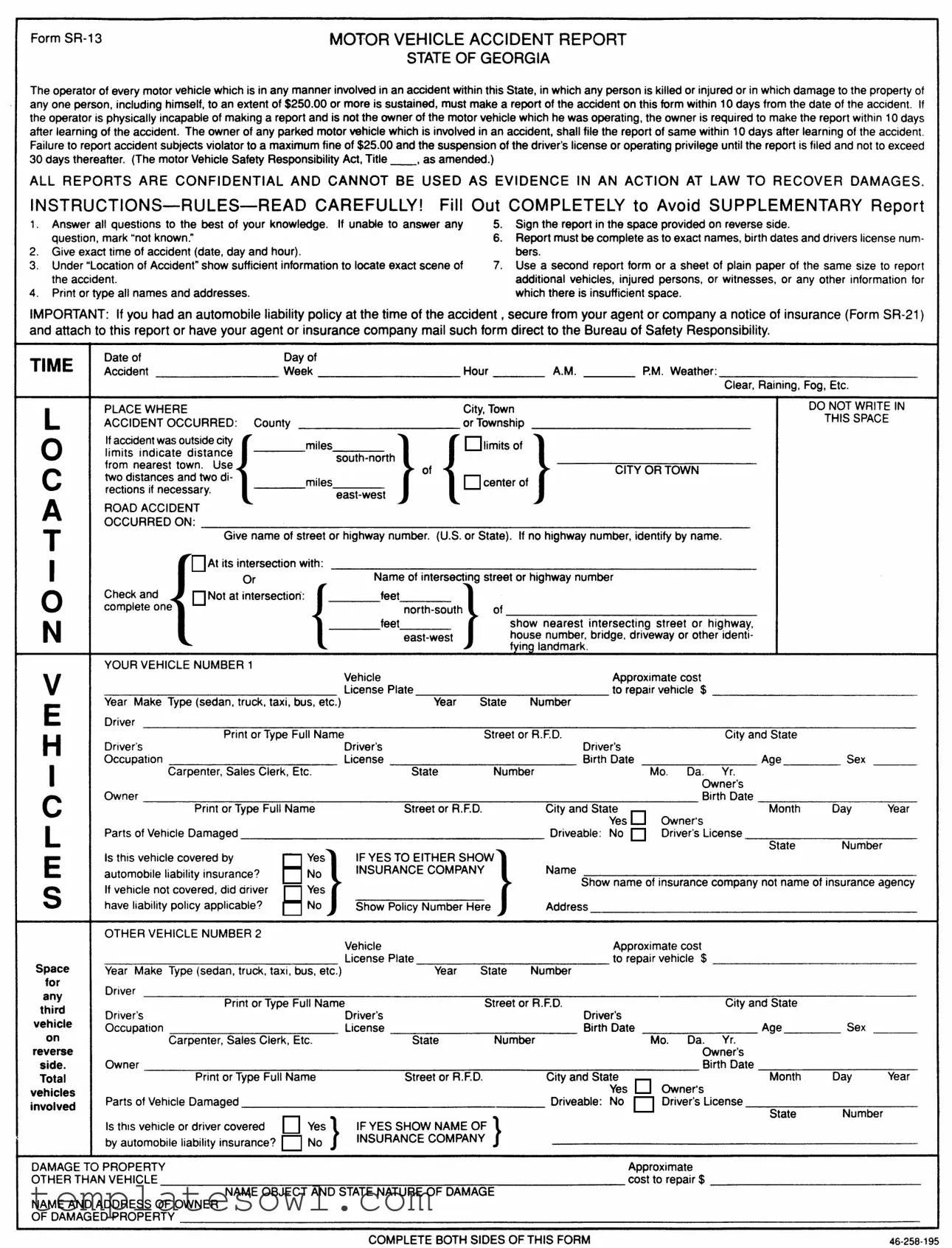 Fill Out Your Personal Accident Report Sr 13 Ga Form