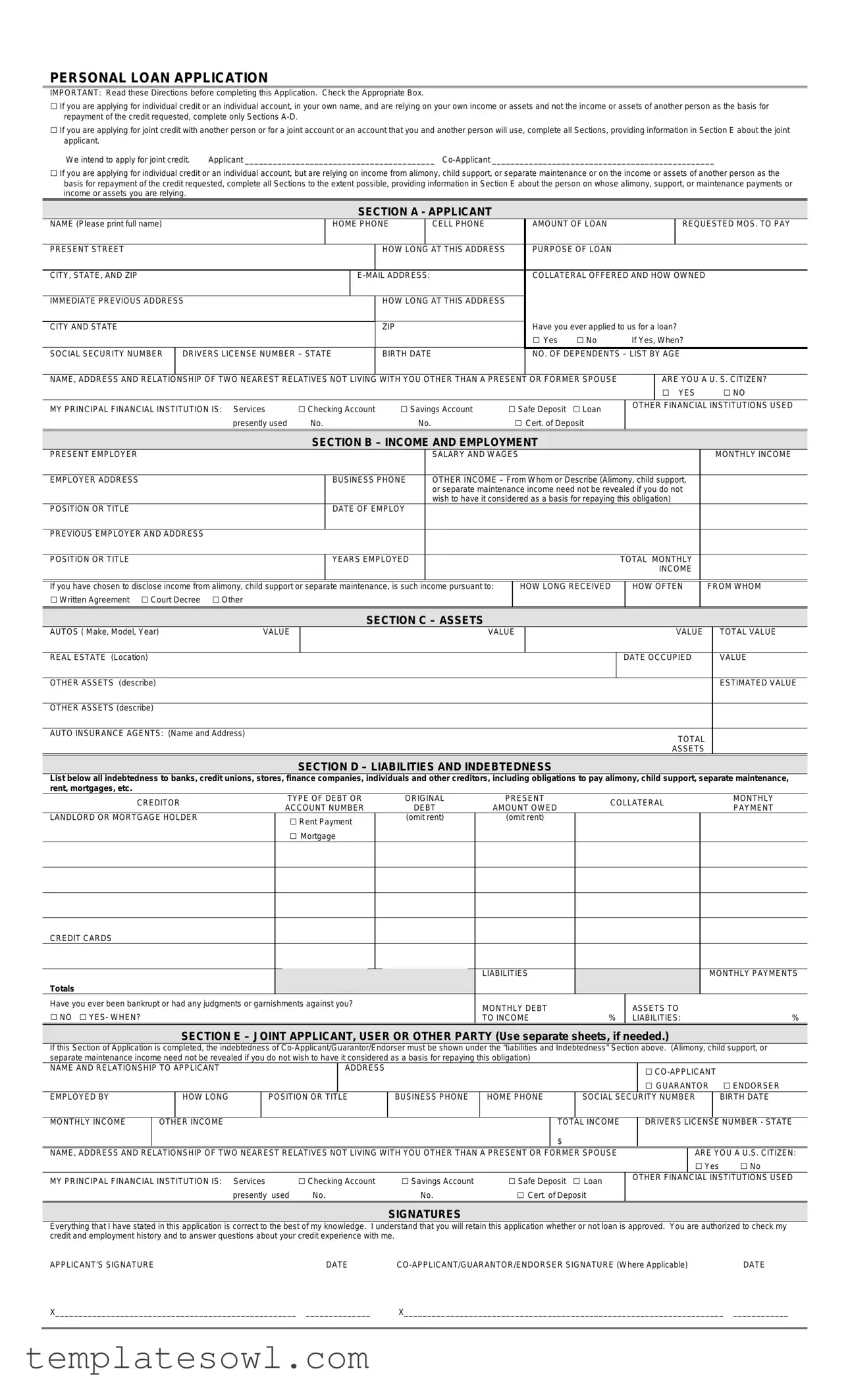 Fill Out Your Personal Loan Application Form