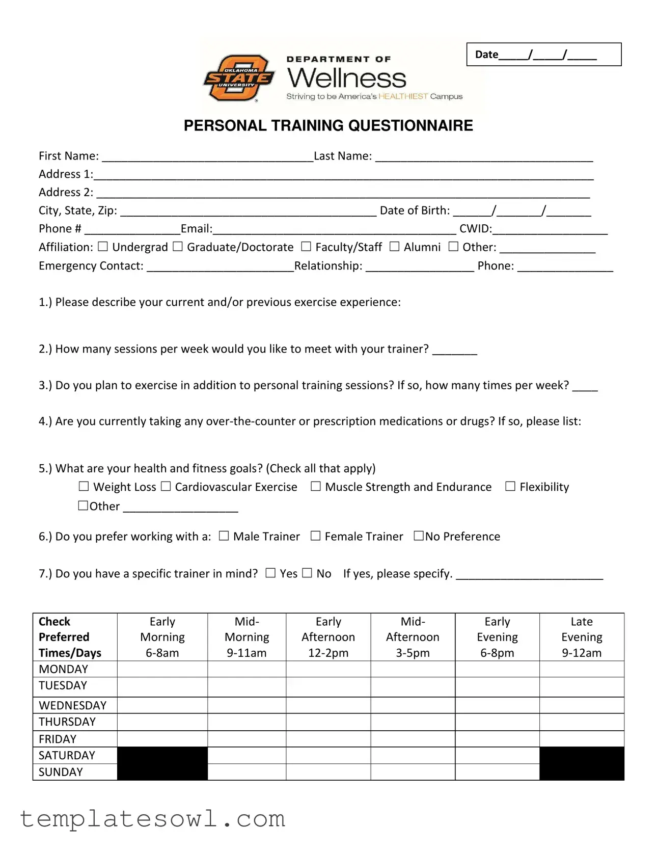Fill Out Your Personal Trainer Questionnaire Form