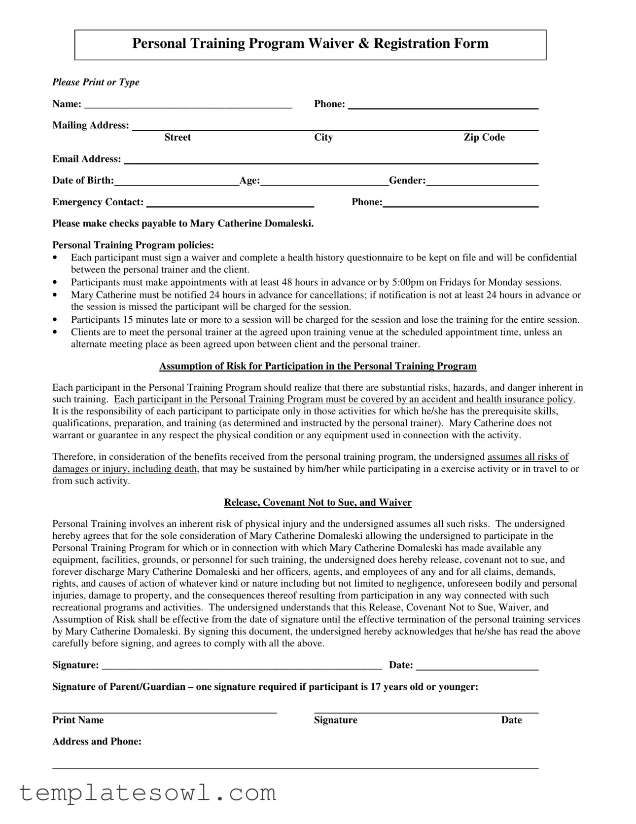 Fill Out Your Personal Training Form