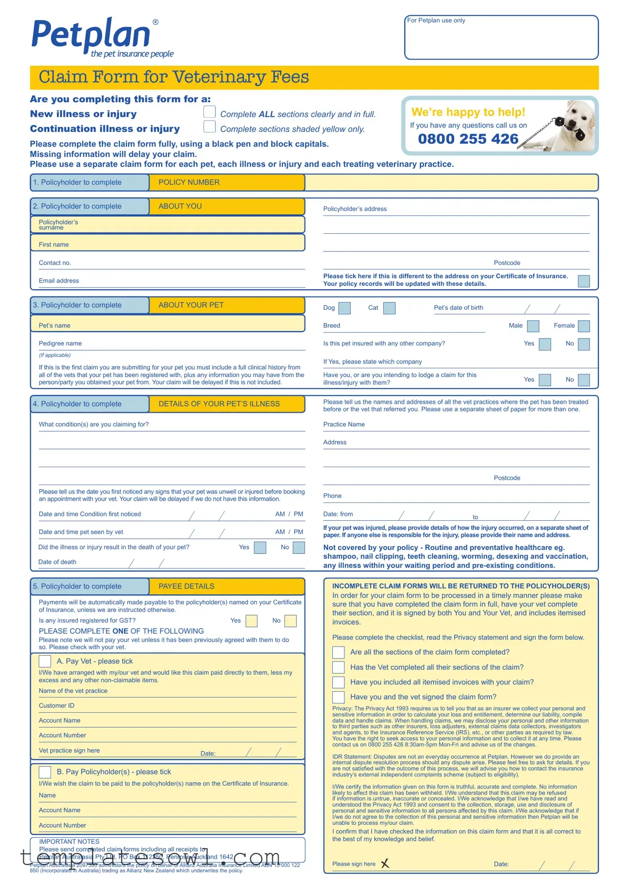 Fill Out Your Pet Plan Claim Form
