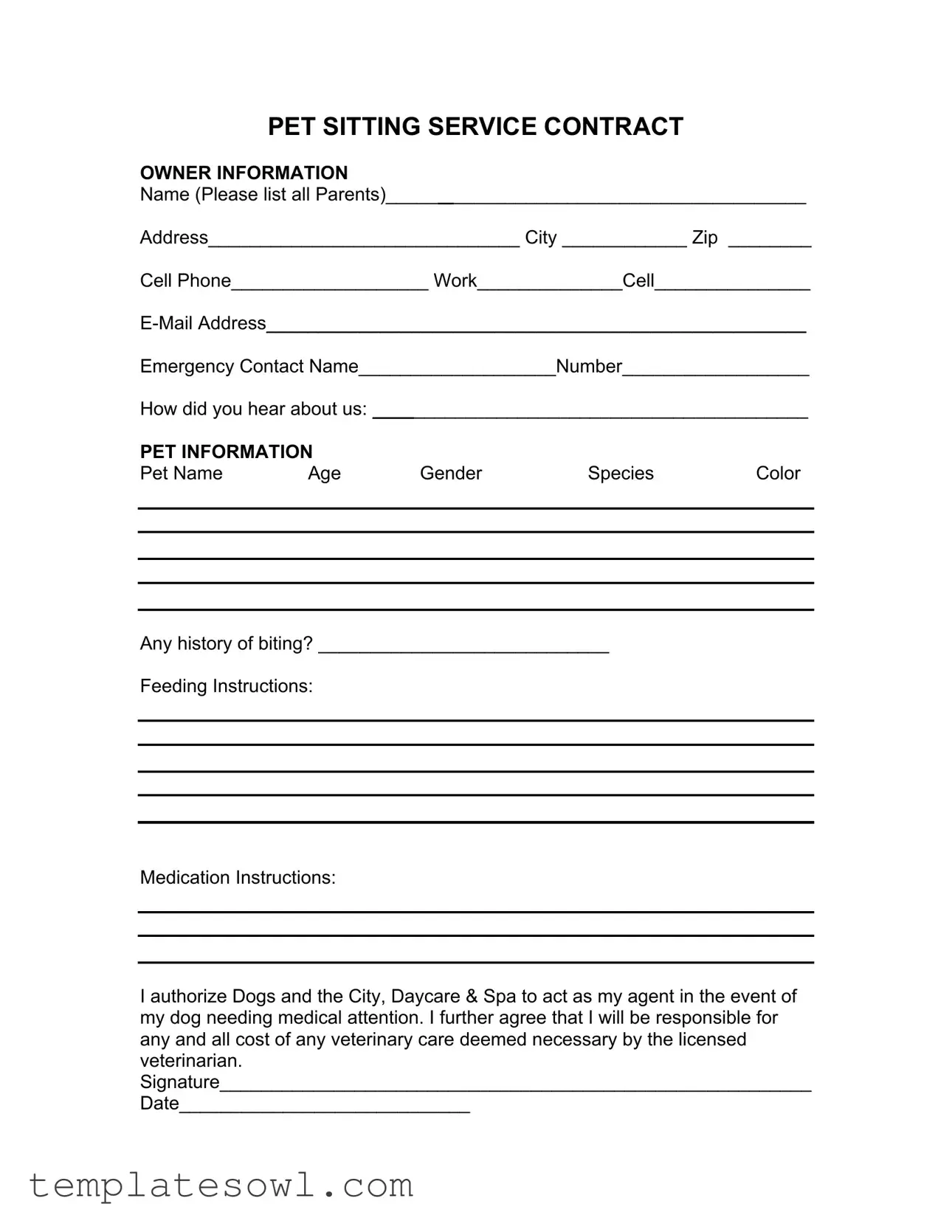 Fill Out Your Pet Sitting Contract Form