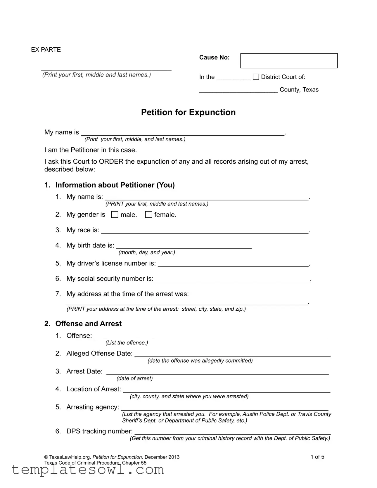 Fill Out Your Petition Expunction Texas Form