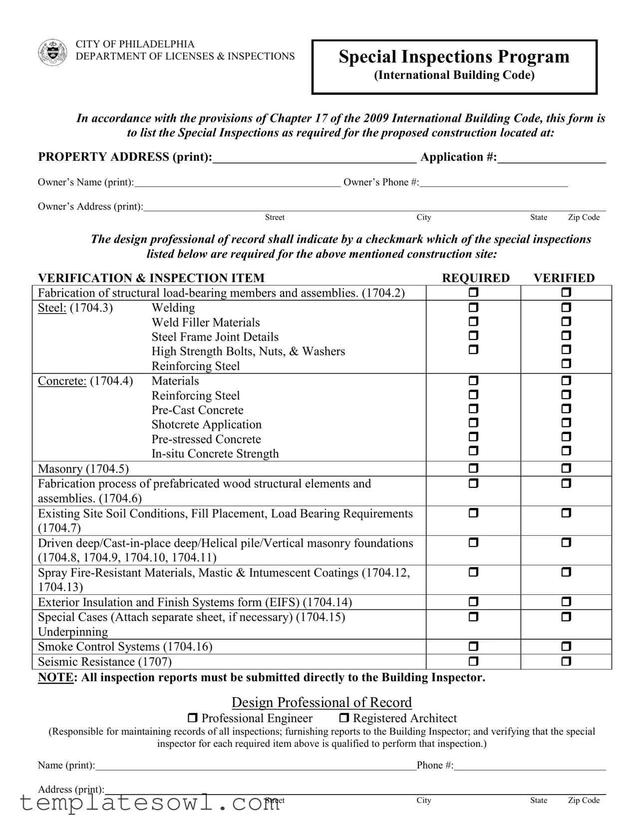 Fill Out Your Philadelphia Special Inspections Form