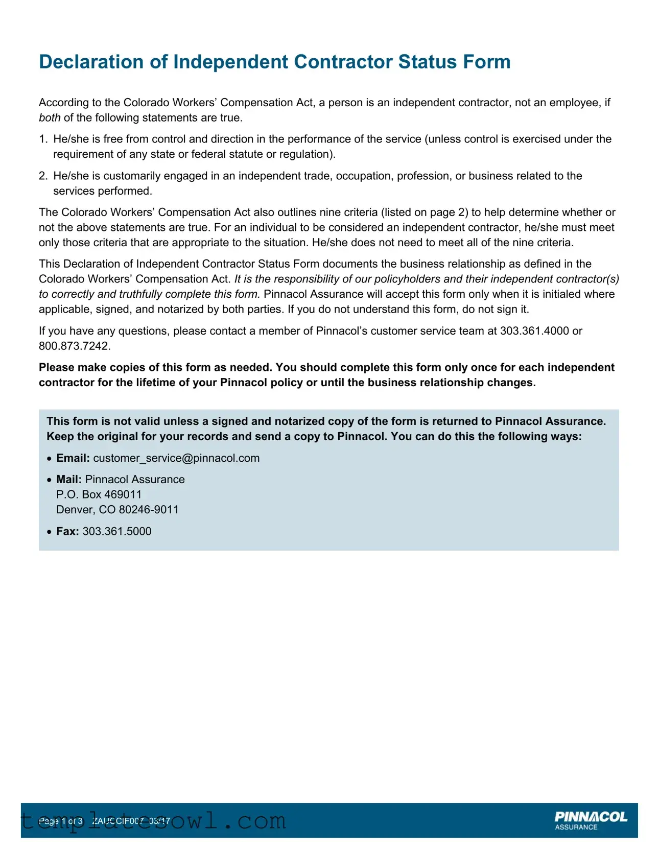 Fill Out Your Pinnacol Contractor Status Form
