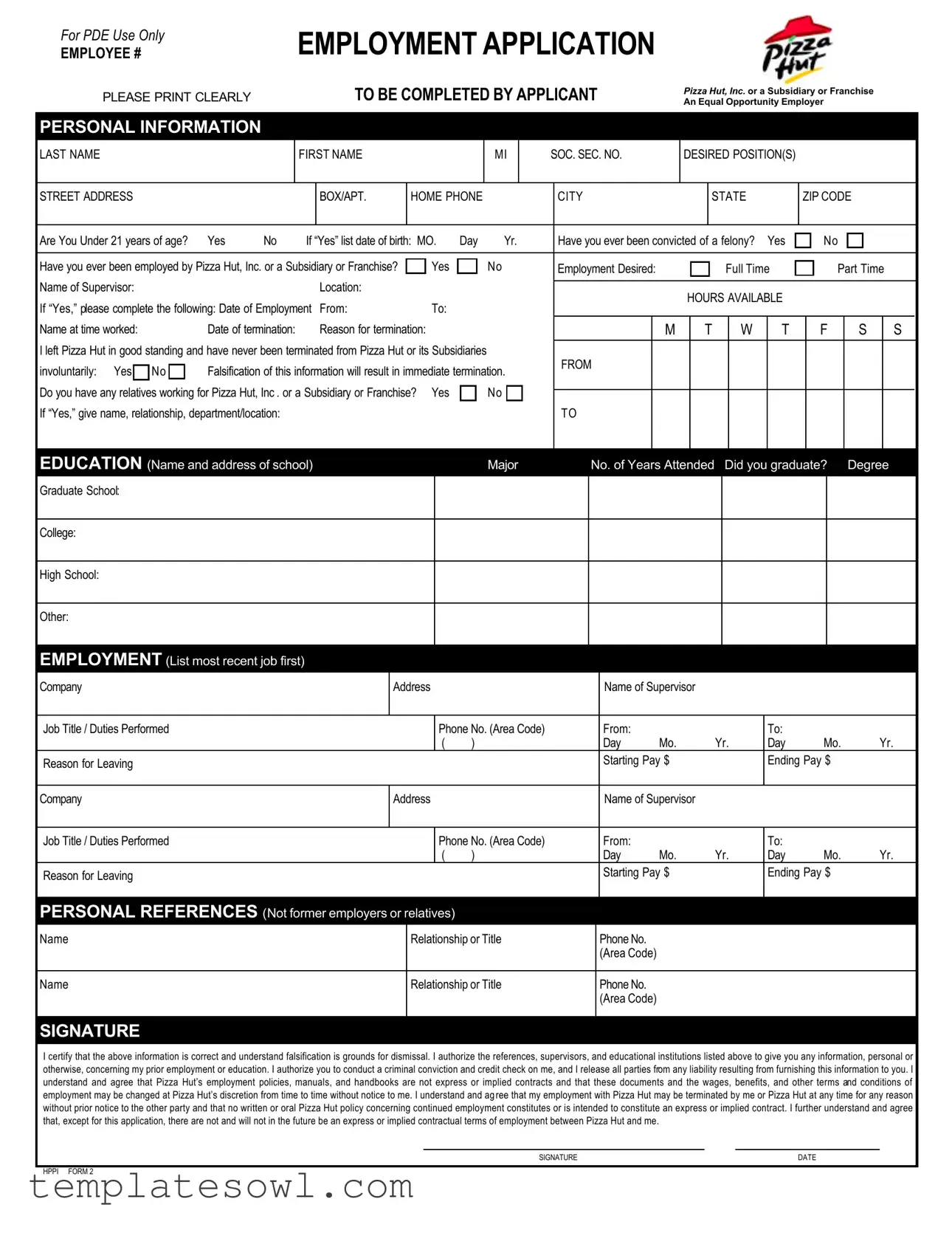 Fill Out Your Pizza Hut Application Form