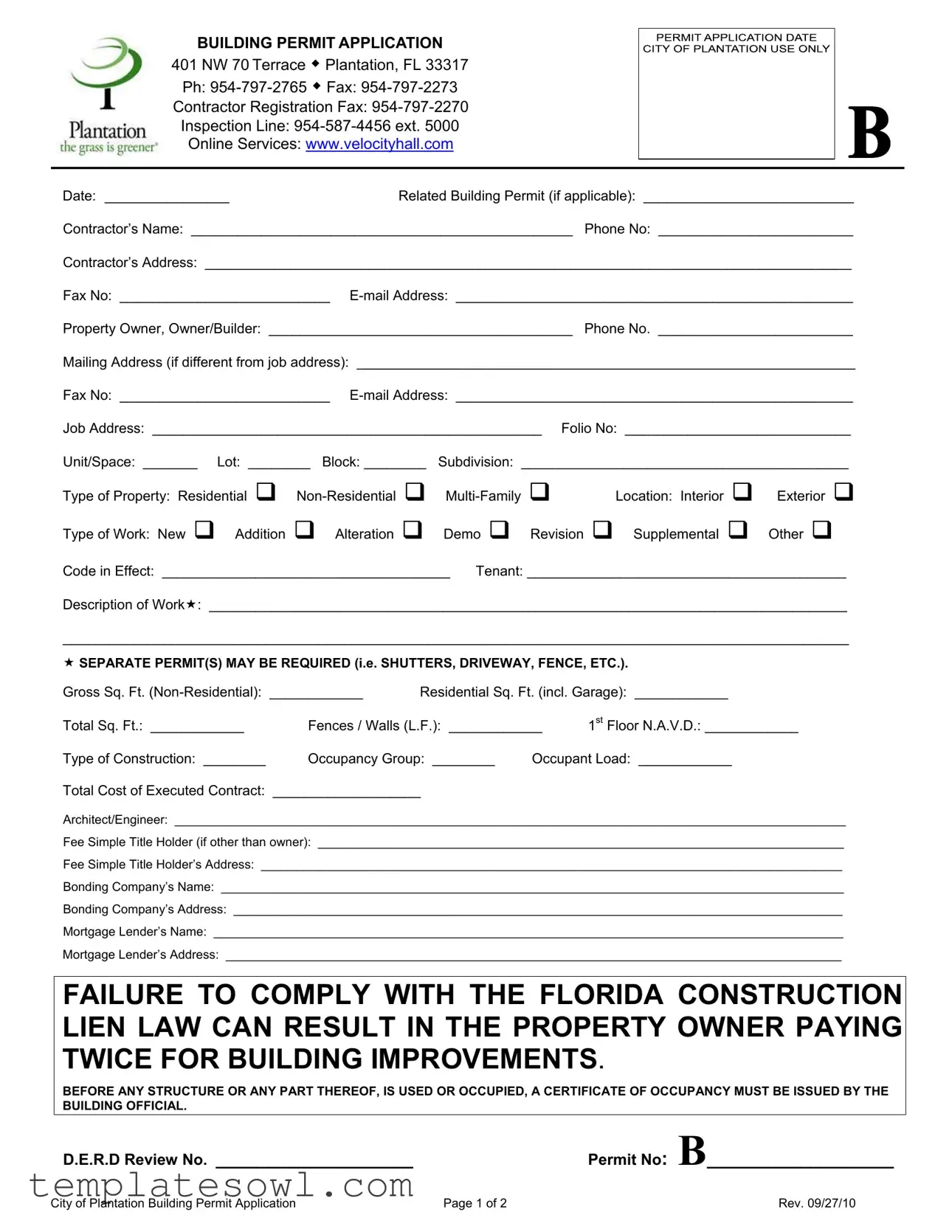 Fill Out Your Plantation Building Permit Form