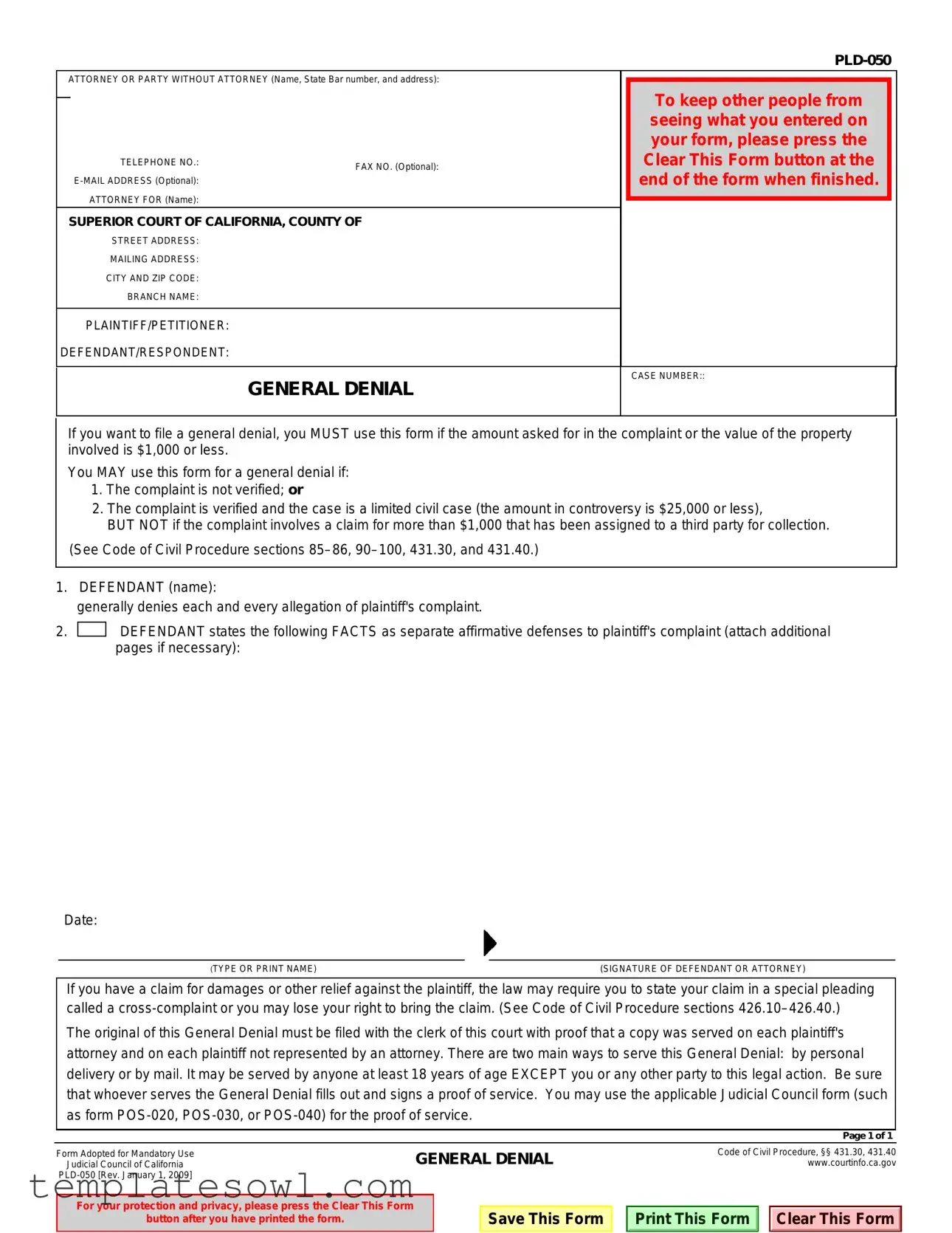 Fill Out Your Pld 050 Form