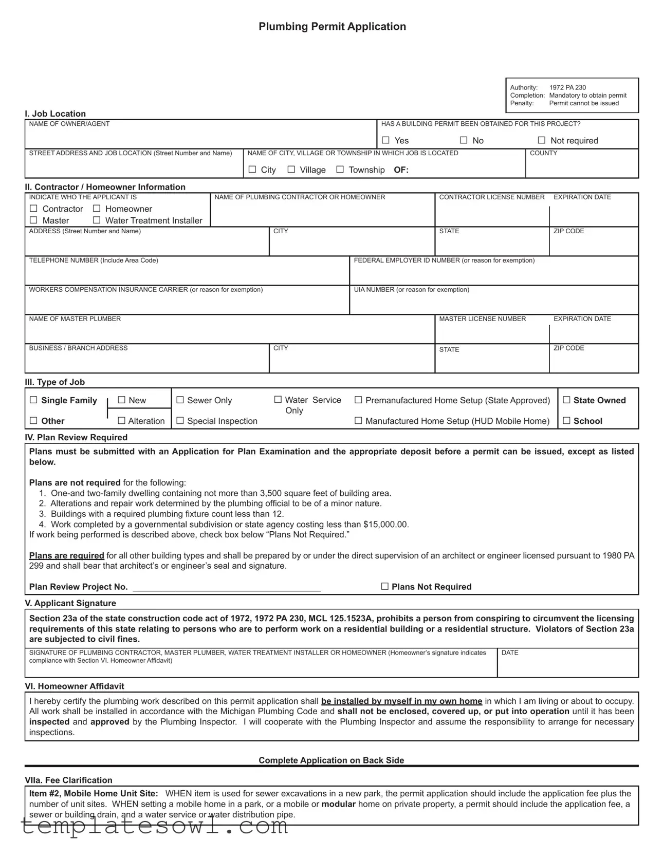 Fill Out Your Plumbing Permit Application Form