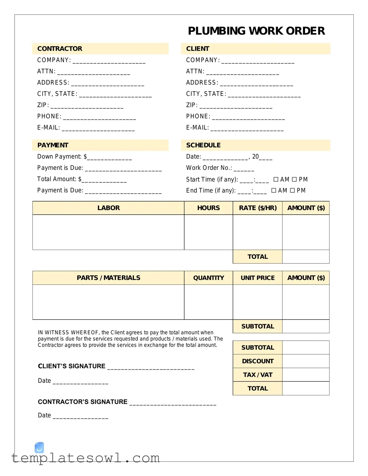 Fill Out Your Plumbing Work Order Form