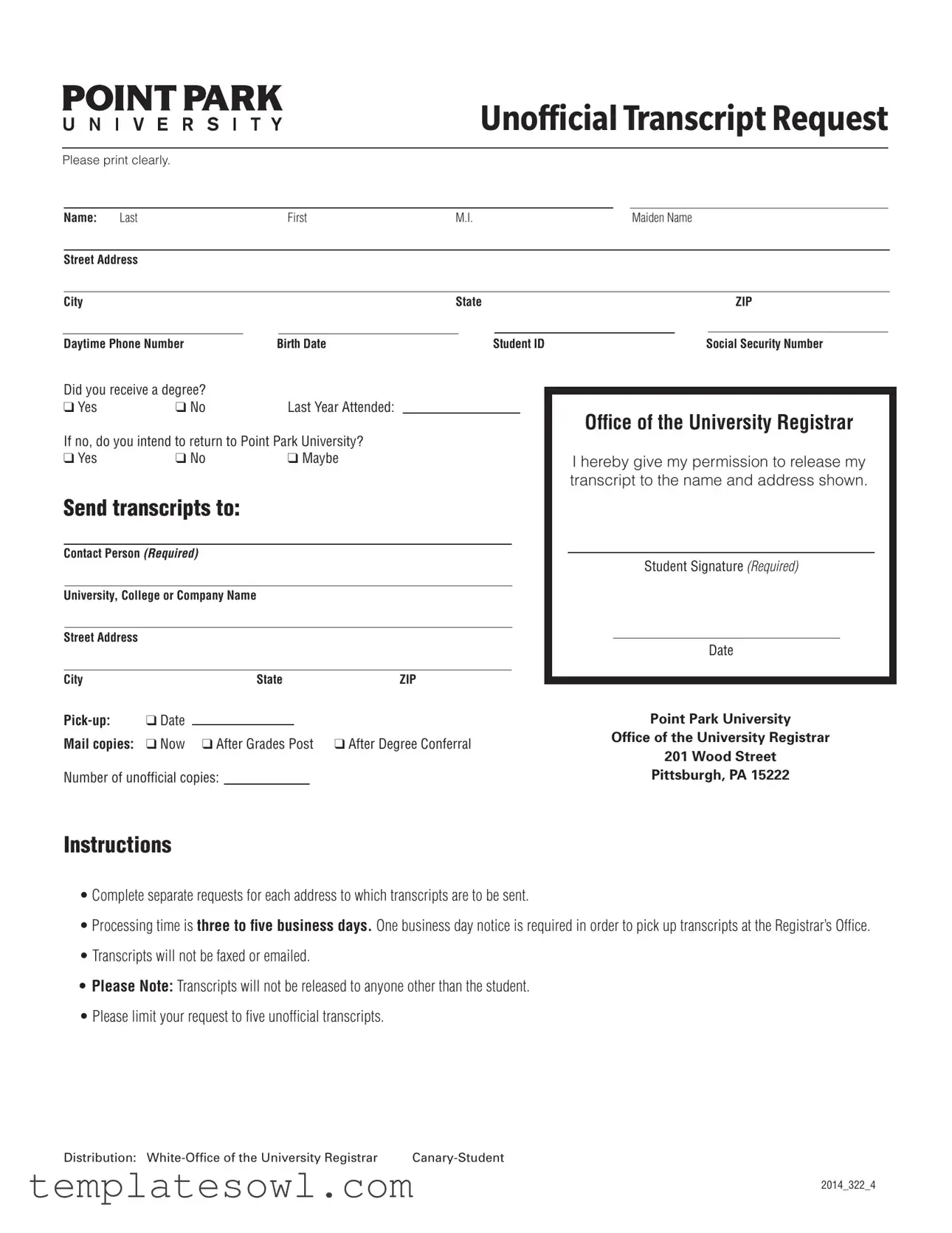 Fill Out Your Point Park Transcript Form
