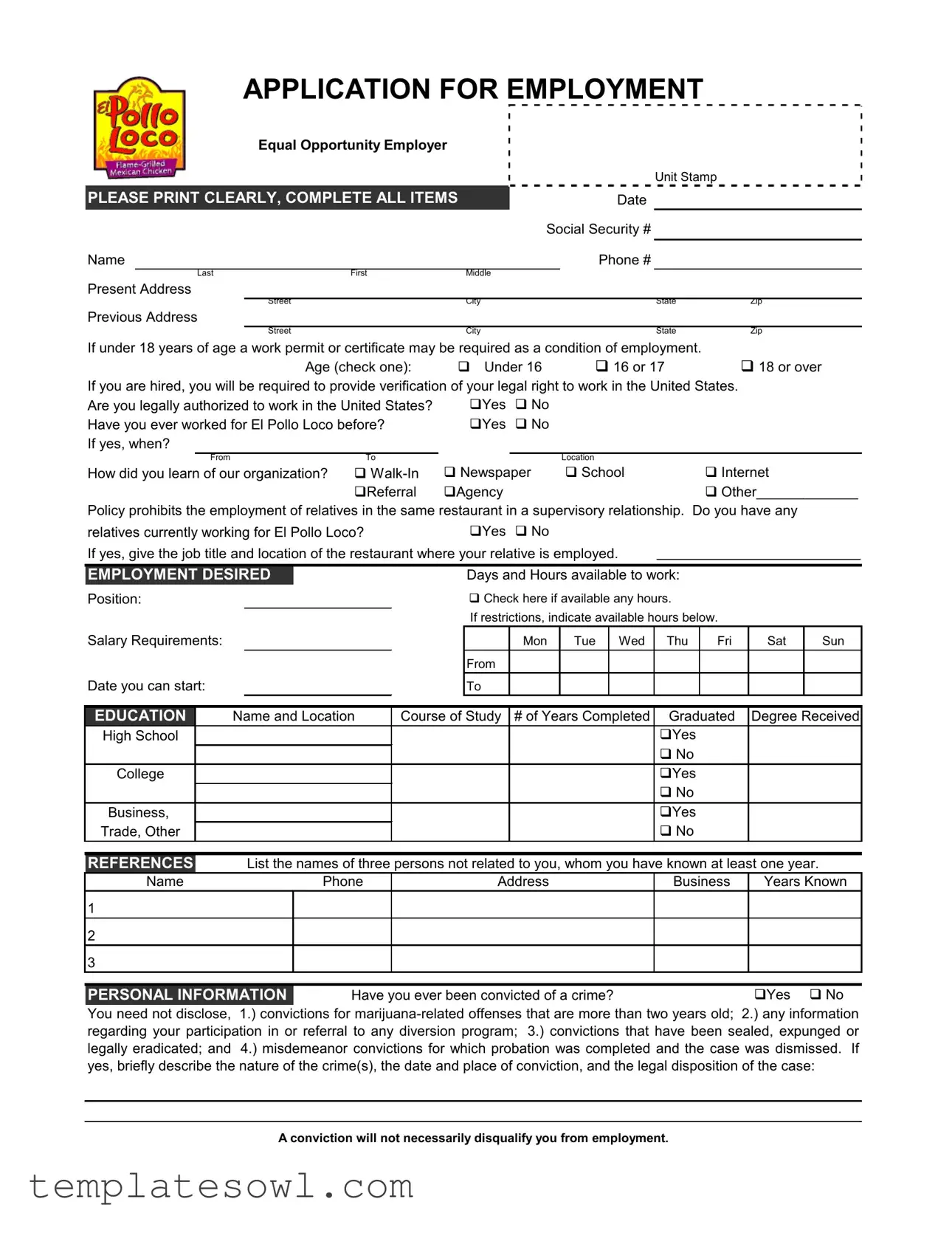 Fill Out Your Pollo Loco Application Form