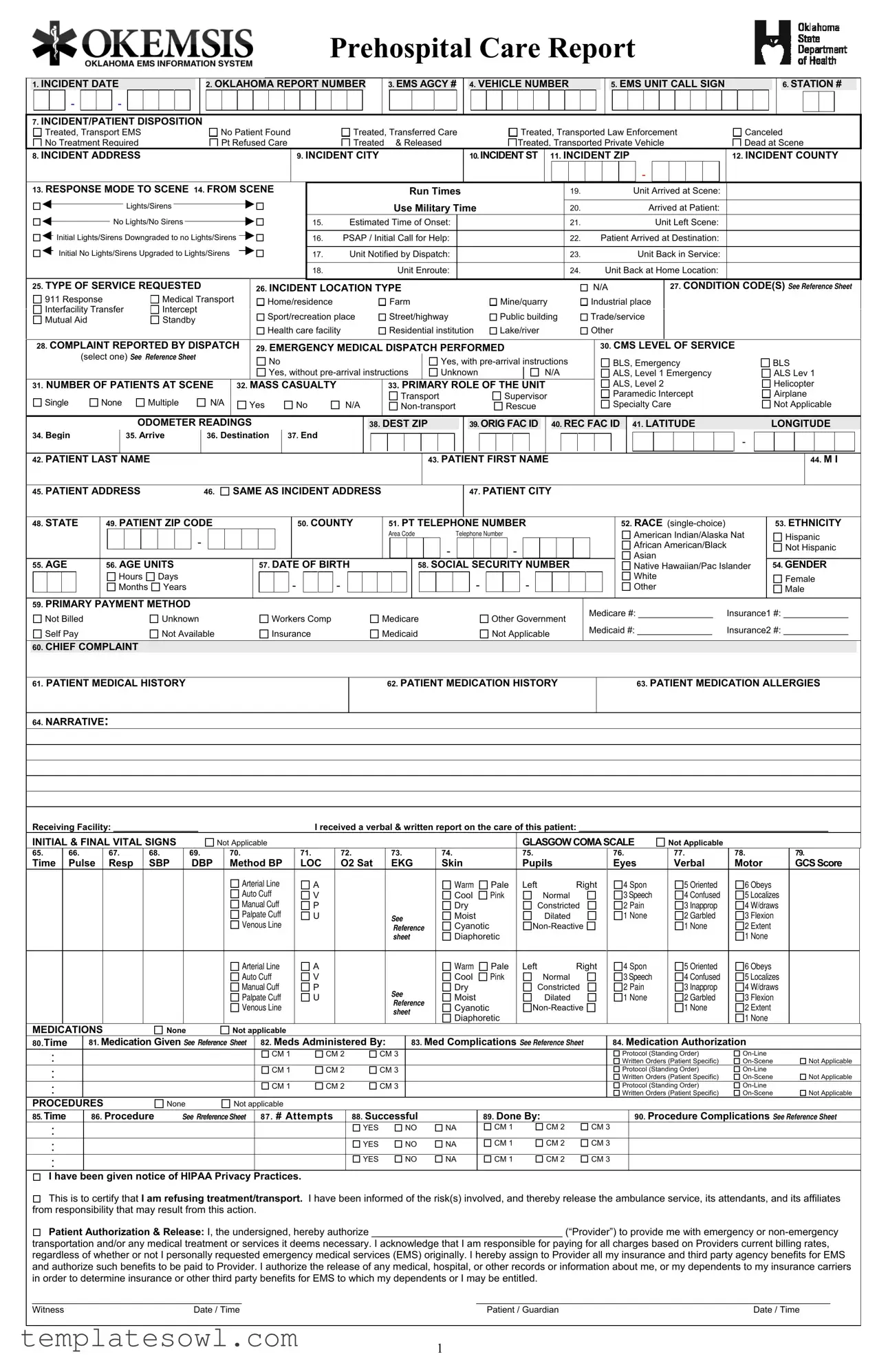 Fill Out Your Prehospital Care Report Form