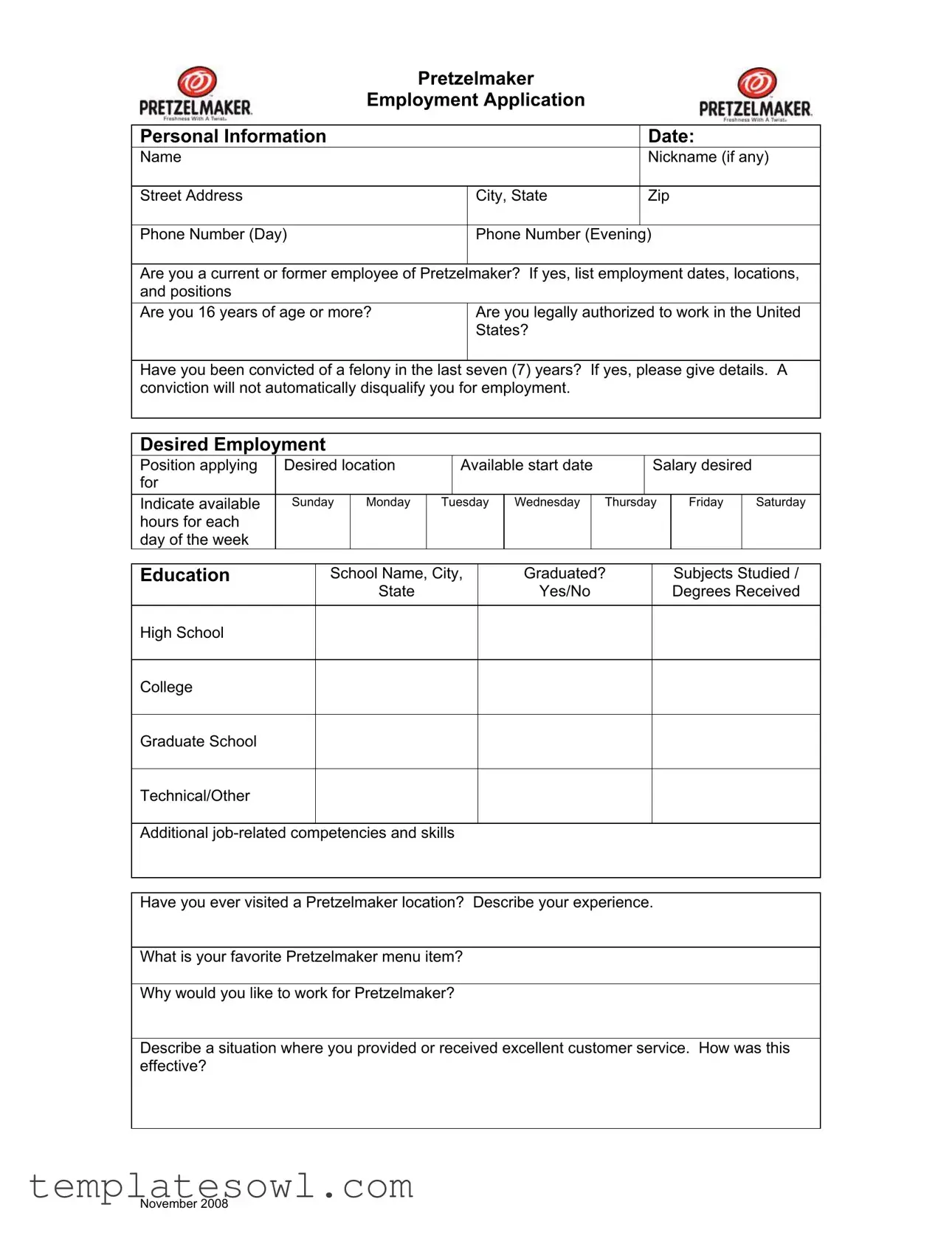 Fill Out Your Pretzelmaker Application Form
