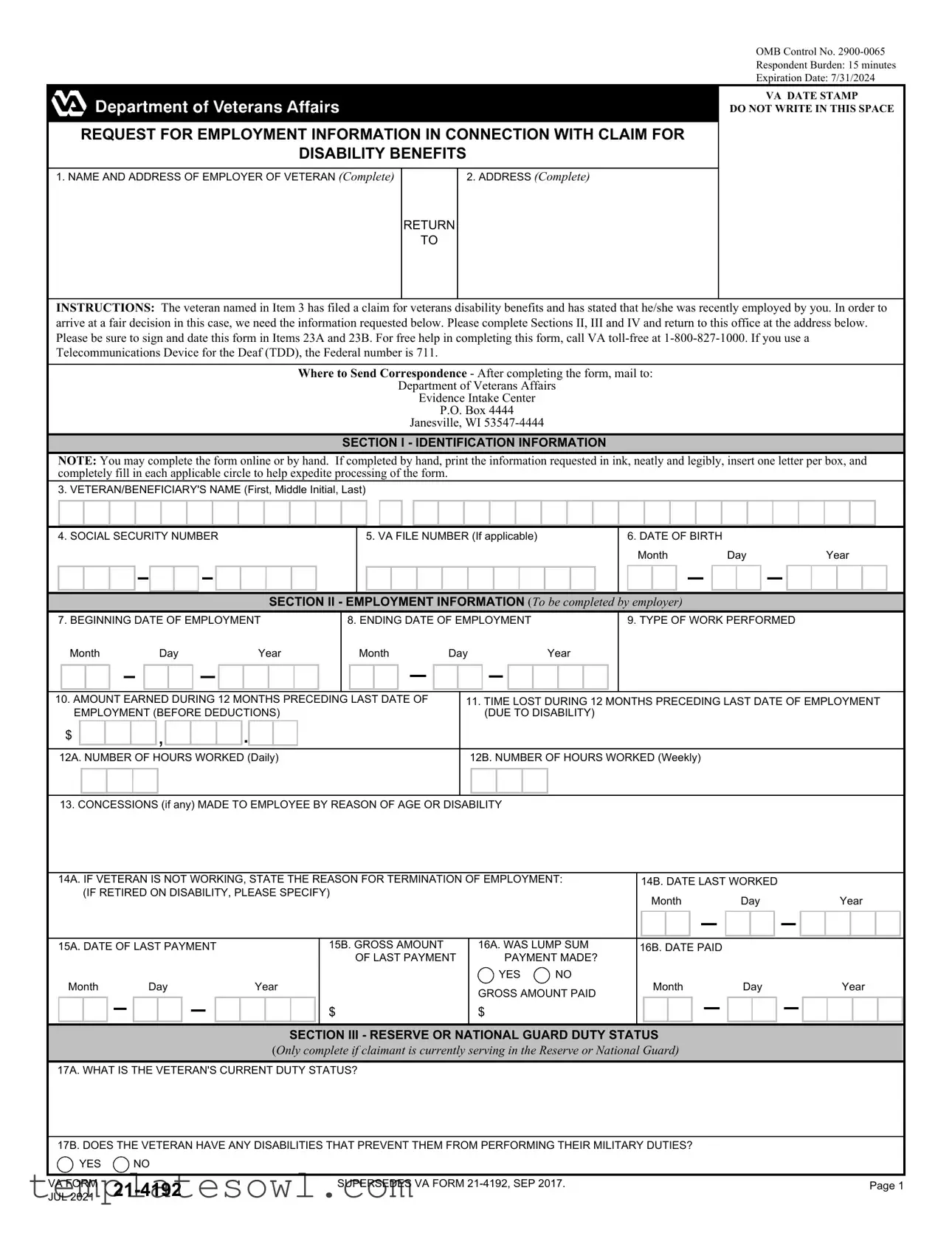 Fill Out Your Print Va 21 4192 Form