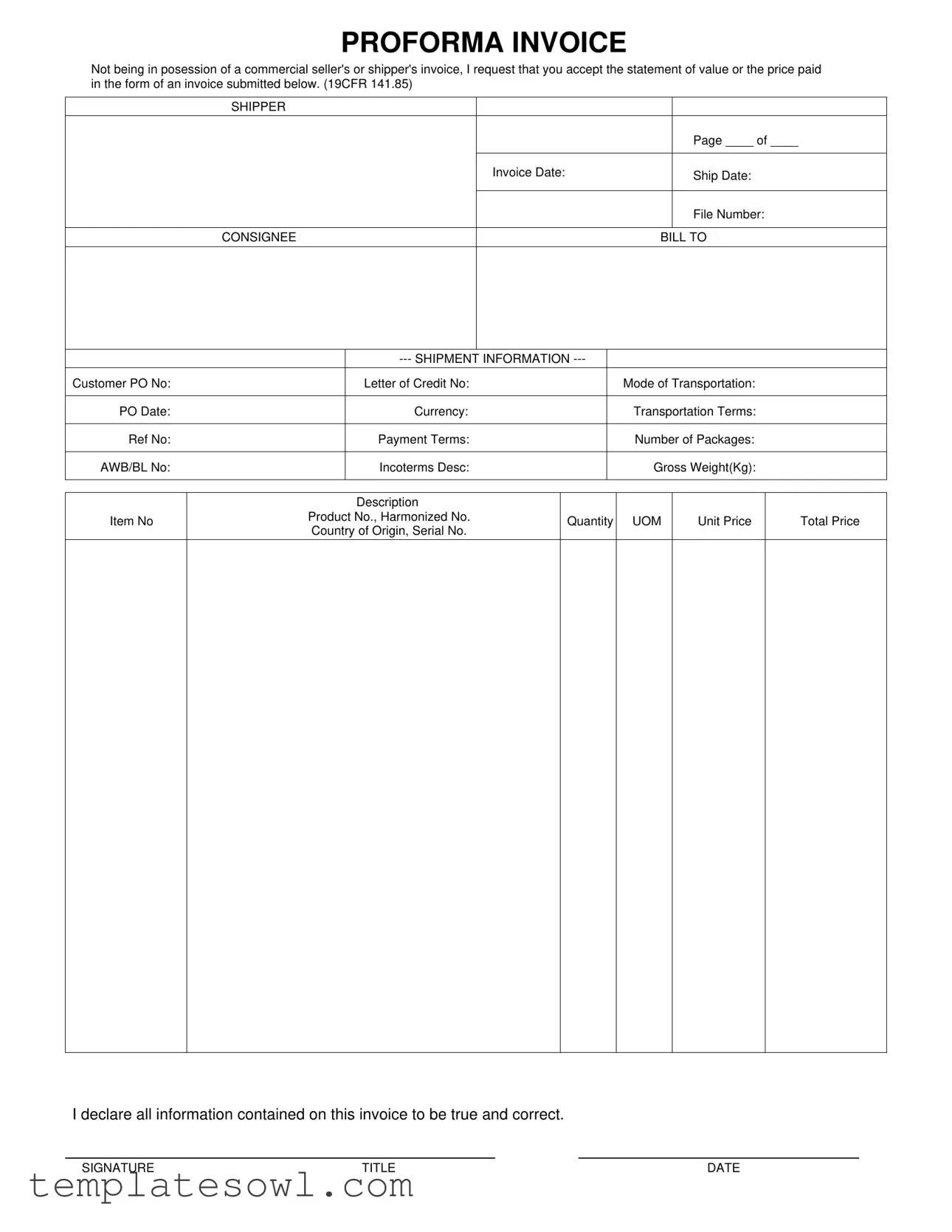 Fill Out Your Pro Invoice Form