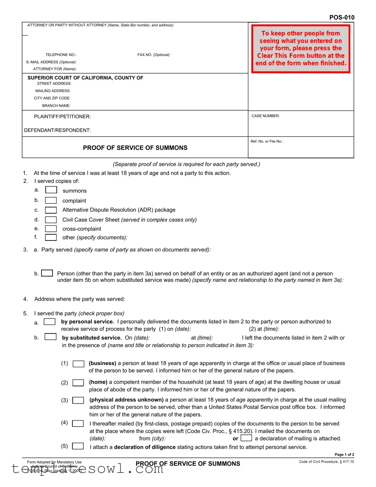 Fill Out Your Proof Of Service Form