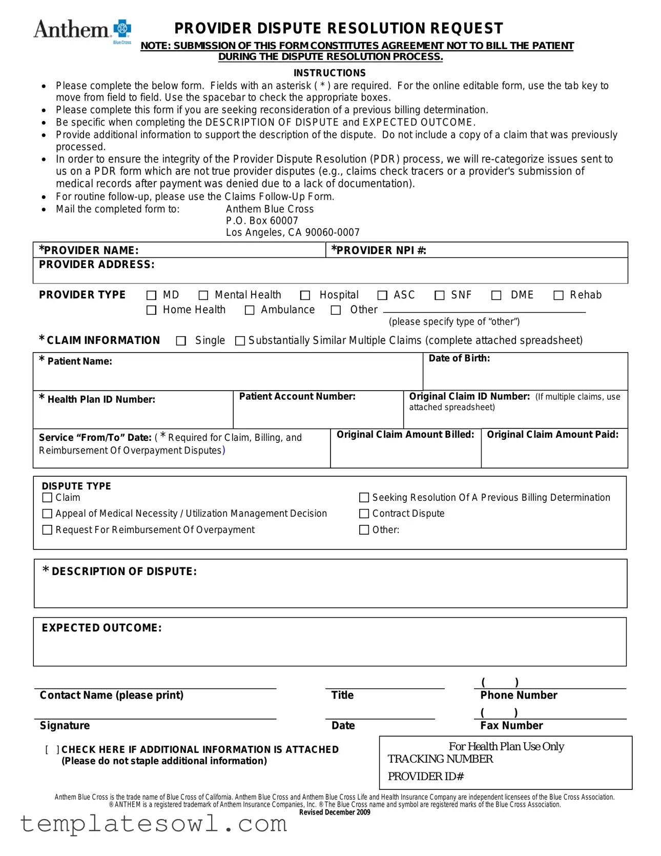 Fill Out Your Provider Dispute Resolution Request Form