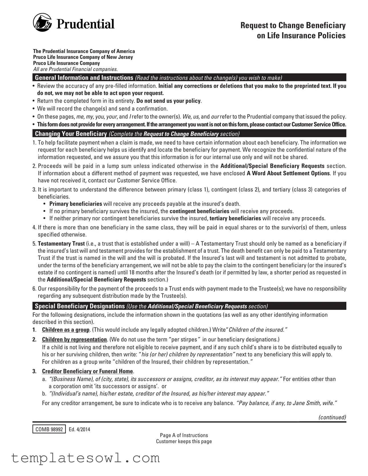 Fill Out Your Prudential Change Beneficiary Form