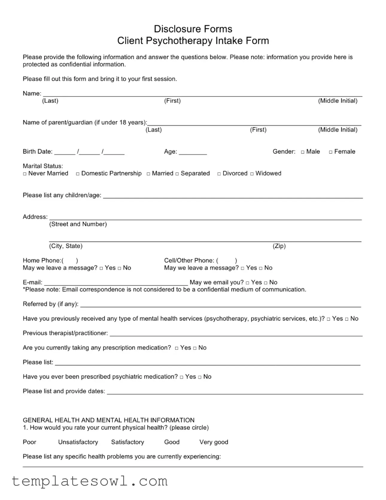 Fill Out Your Psychotherapy Form