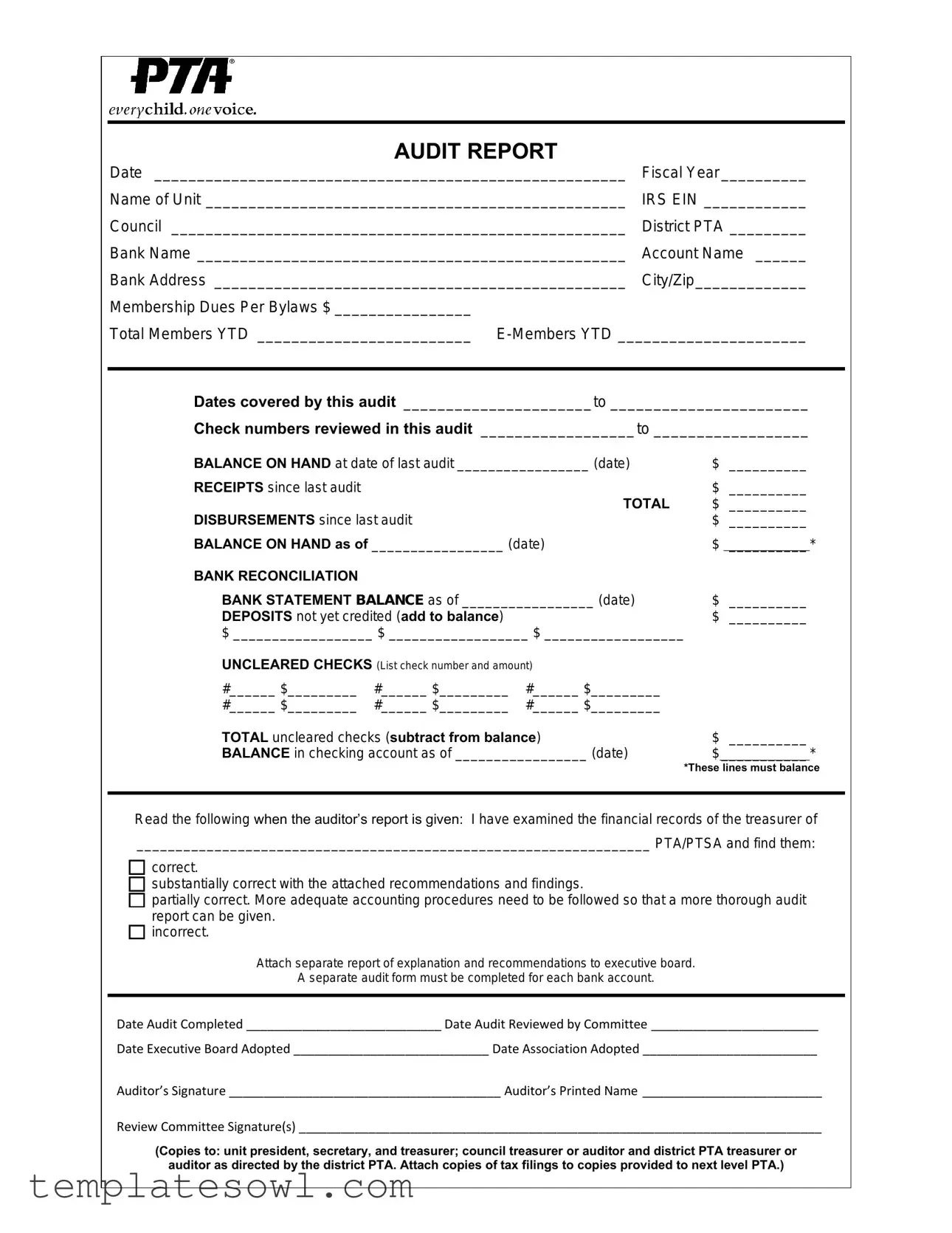 Fill Out Your Pta Audit Sample Form