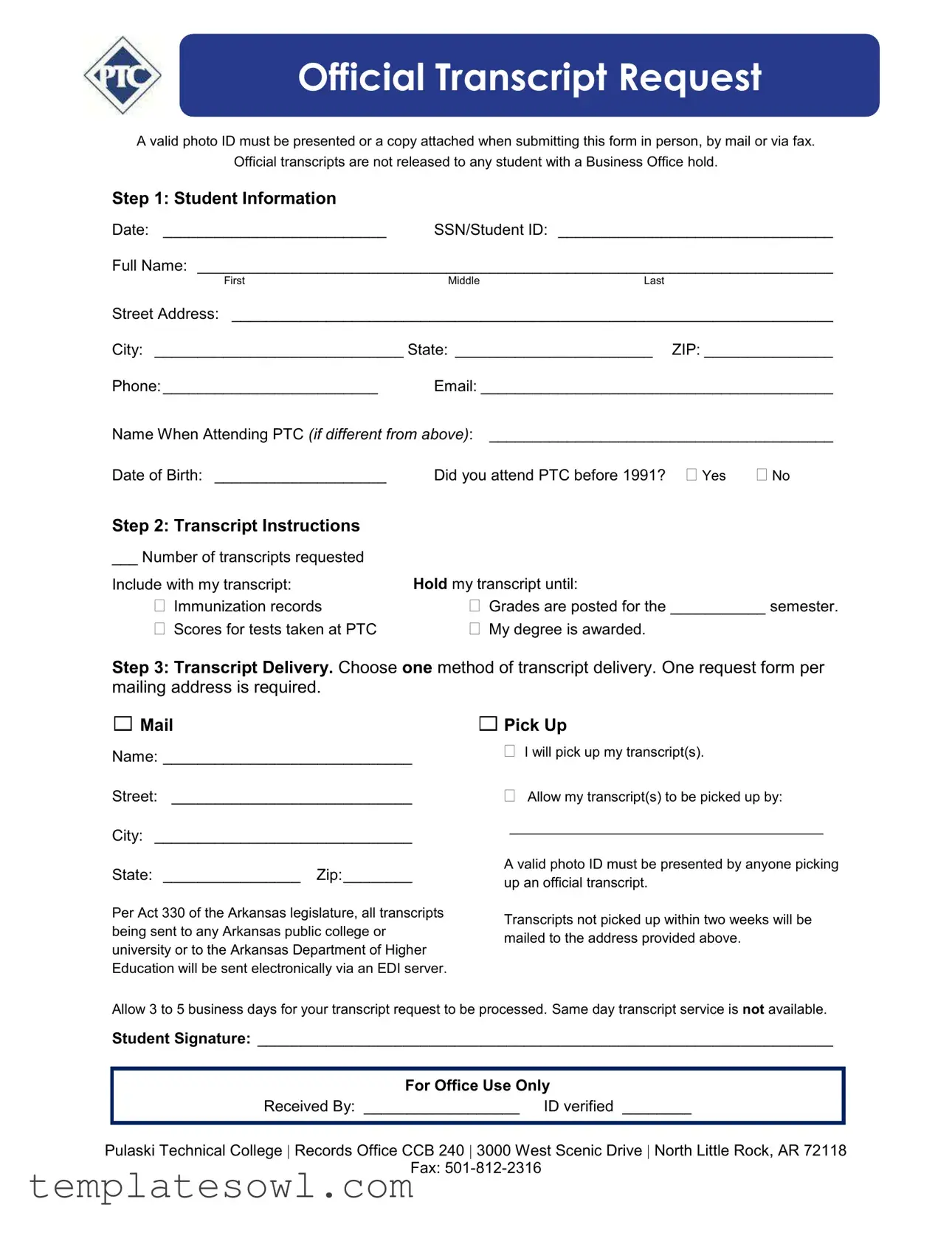 Fill Out Your Pulaski Official Transcript Form