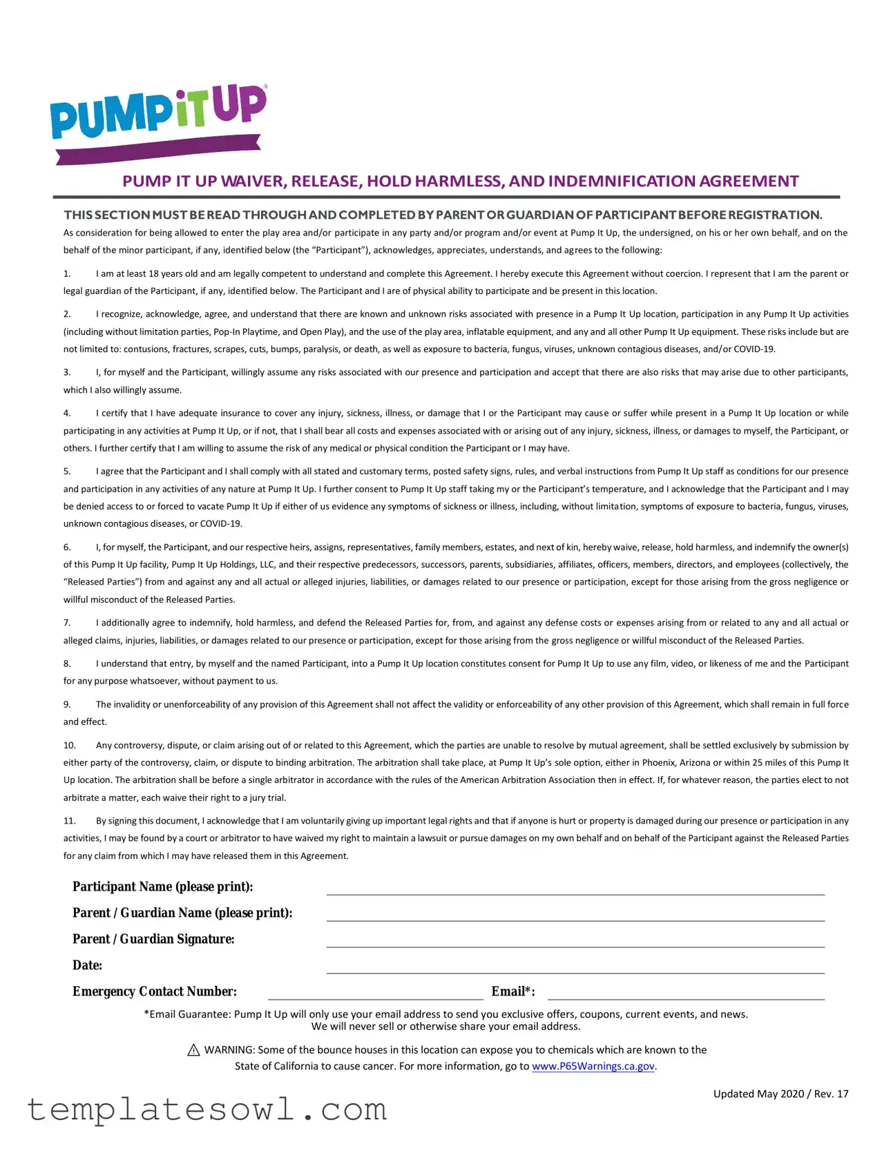 Fill Out Your Pump It Up Waiver Form