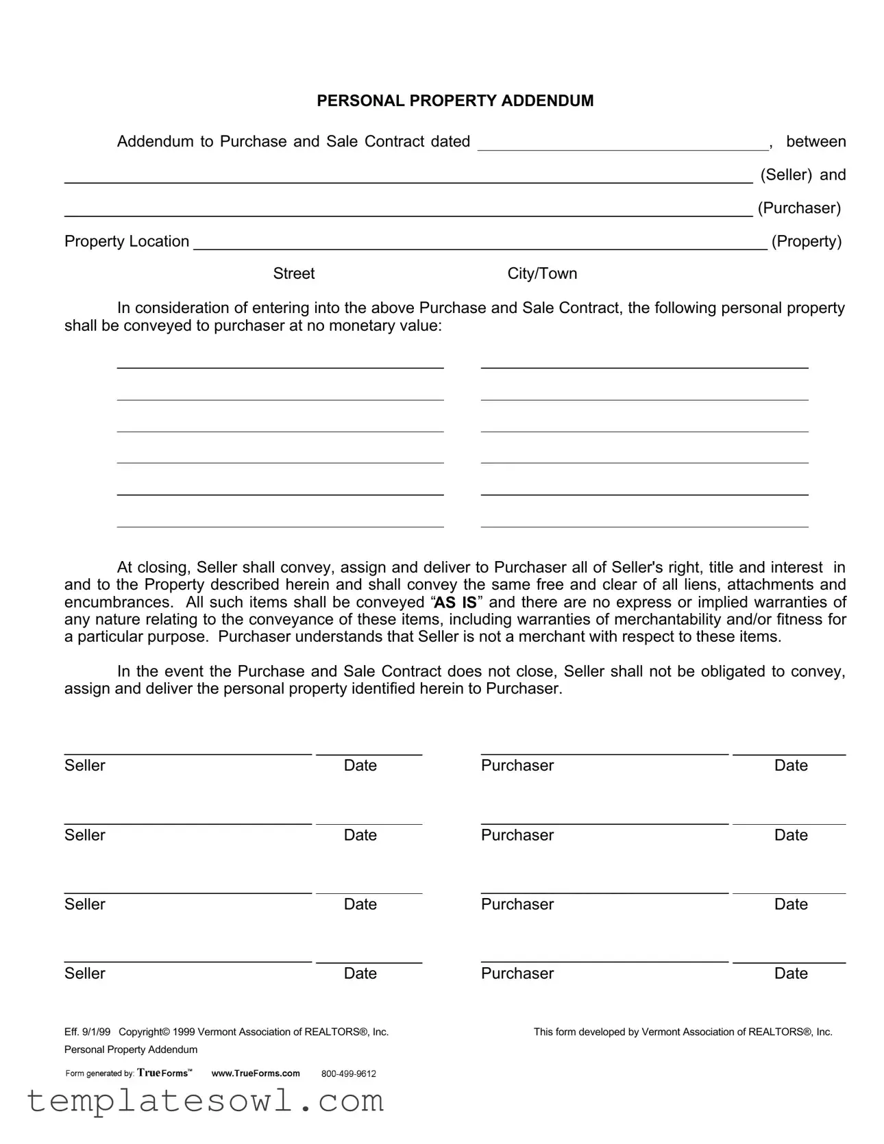 Fill Out Your Purchase Addendum Vermont Form